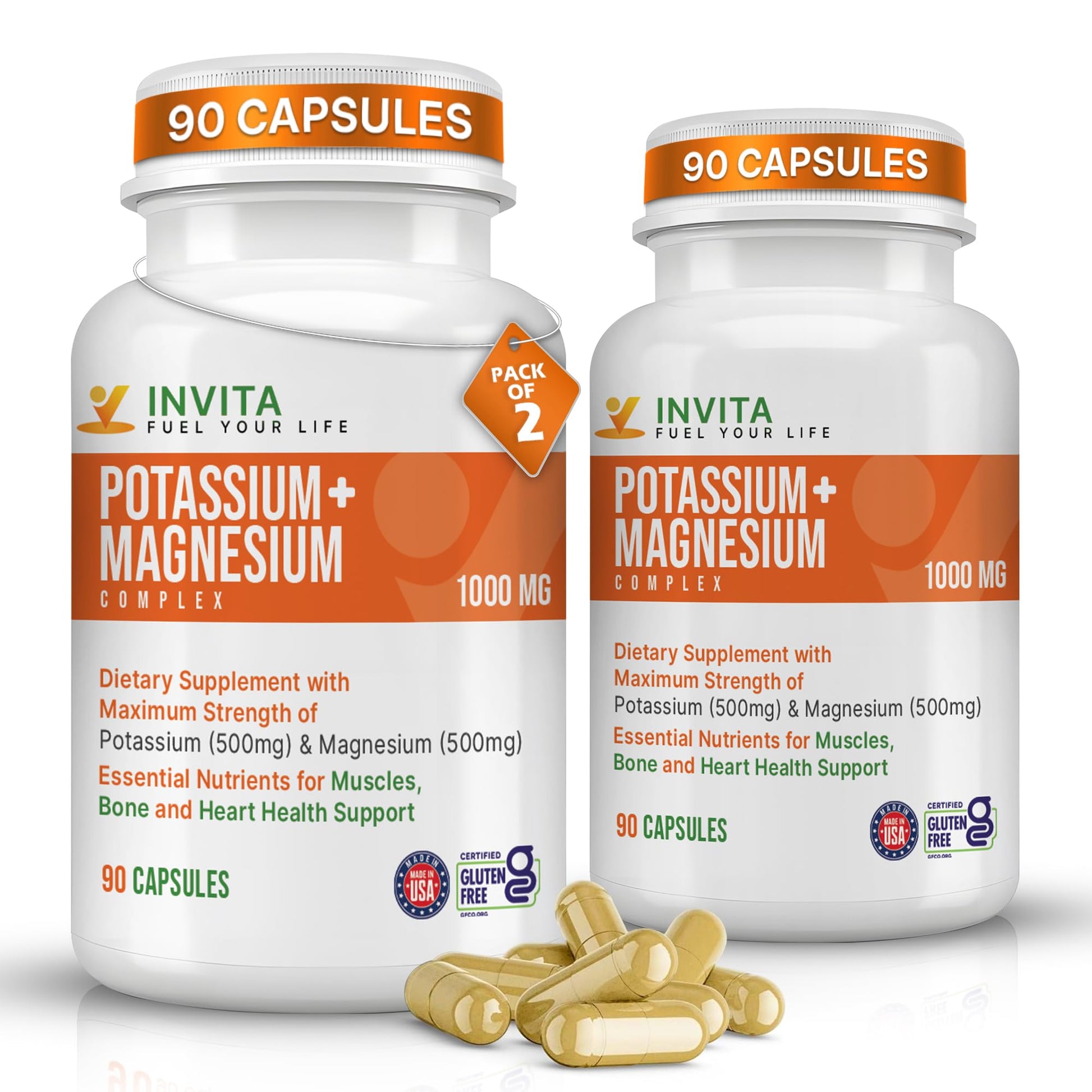 INVITA Potassium Magnesium Complex 1000 mg High Absorption Magnesium & Potassium Supplement for Leg & Muscle Recovery, 5 Form of Mag for Sleep & Vascular Support, 180 Capsules