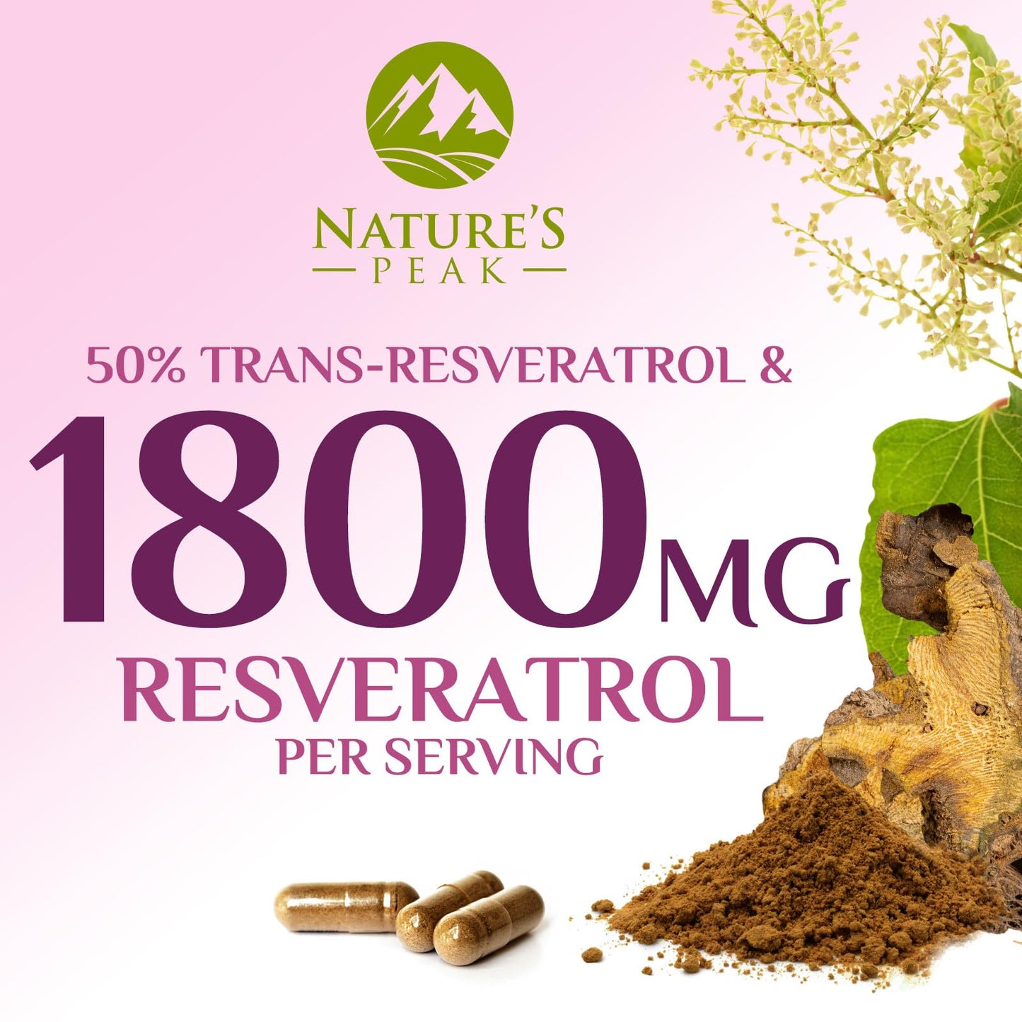 Nature's Peak Resveratrol 1800mg 3X Strength Trans-Resveratrol Capsules, 120 Count