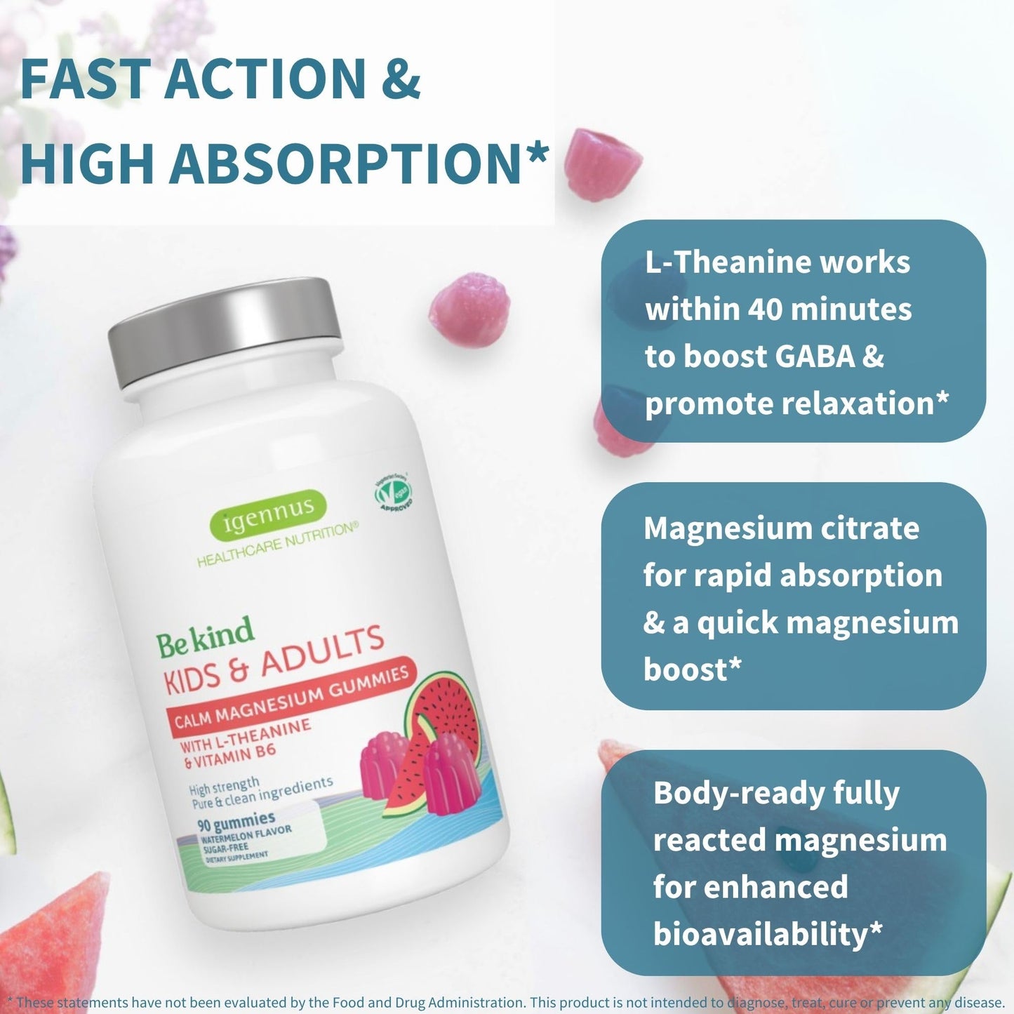 Igennus Healthcare Nutrition High Potency Calm Magnesium Gummies, 60mg Magnesium per Gummy, L-Theanine 100mg & Vitamin B6 3mg, Daily Stress Support for Kids & Adults, Sugar-Free, Watermelon Flavor, 90 Gummies