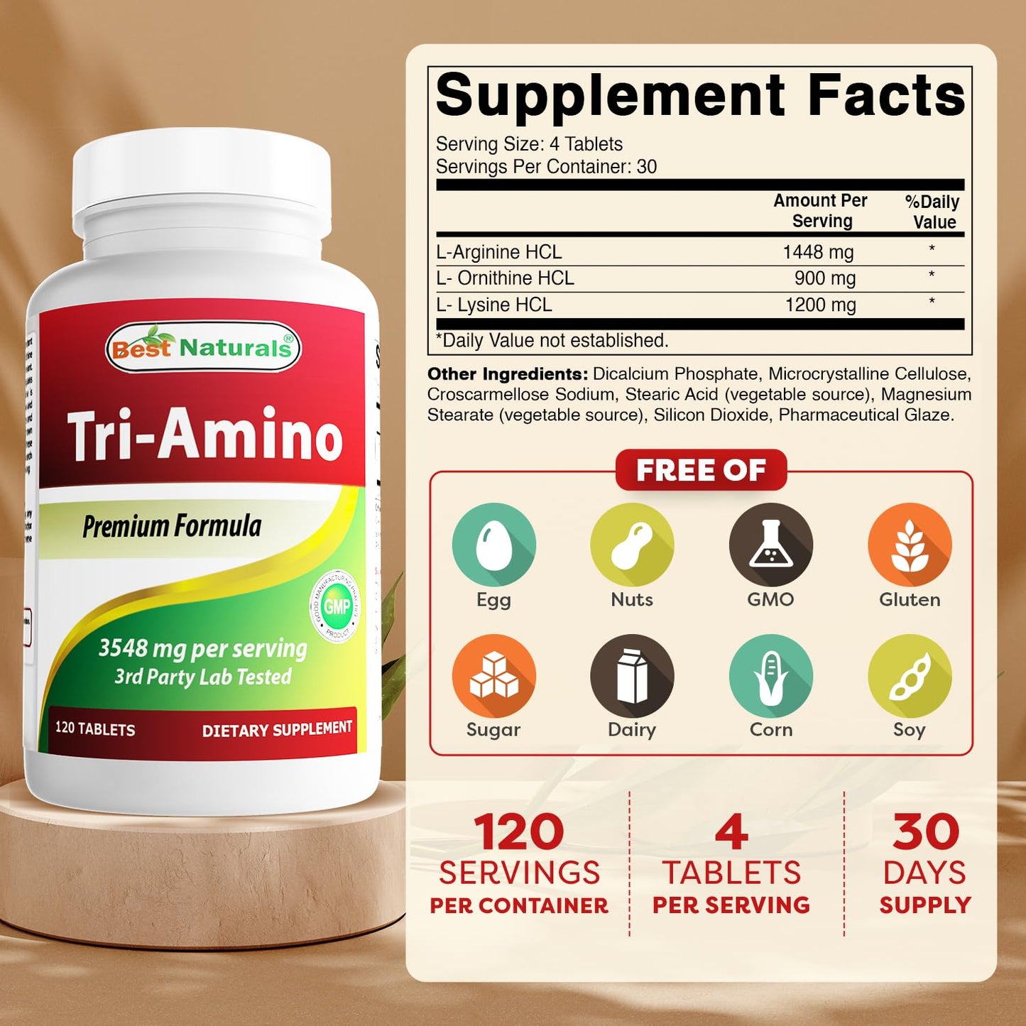 Best Naturals Tri-Amino with L-Arginine, L-Ornithine, L-Lysine Tablets, 120 Count