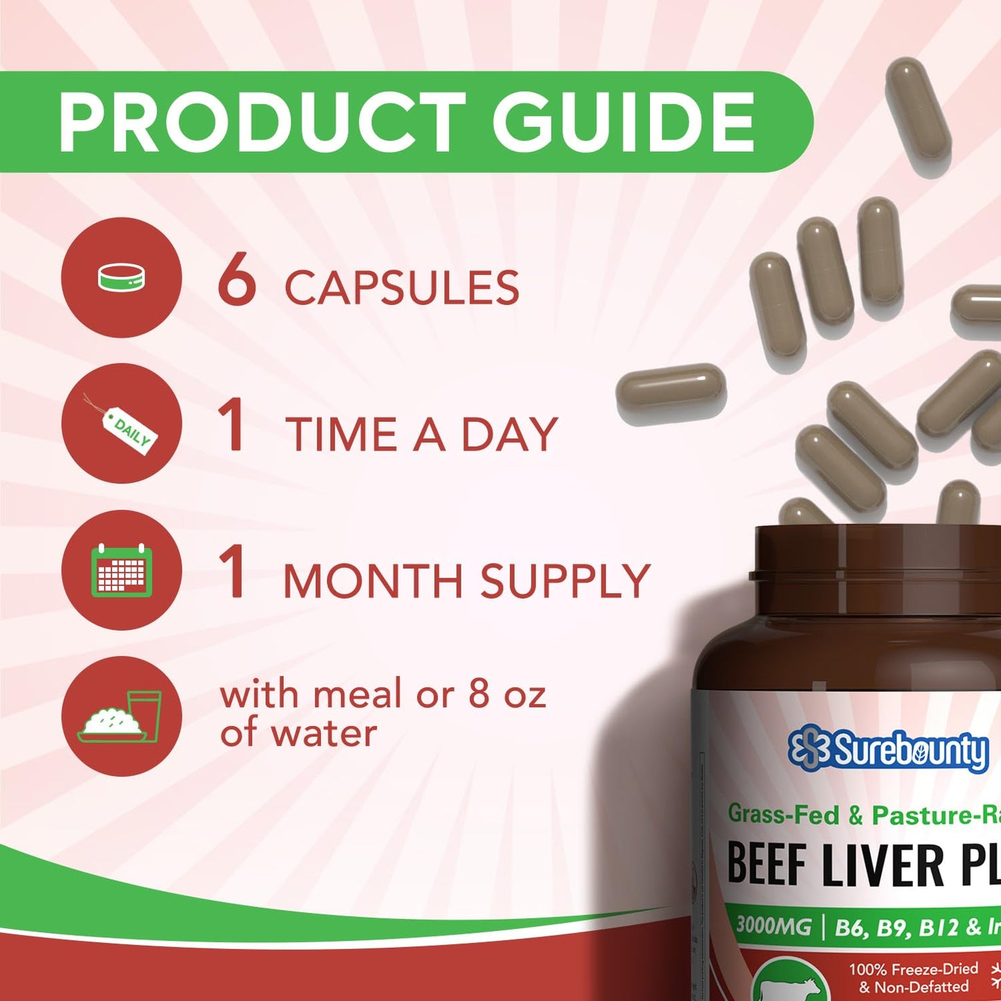 Surebounty Grass-Fed & Pasture-Raised Beef Liver Plus Capsules, 180 Count