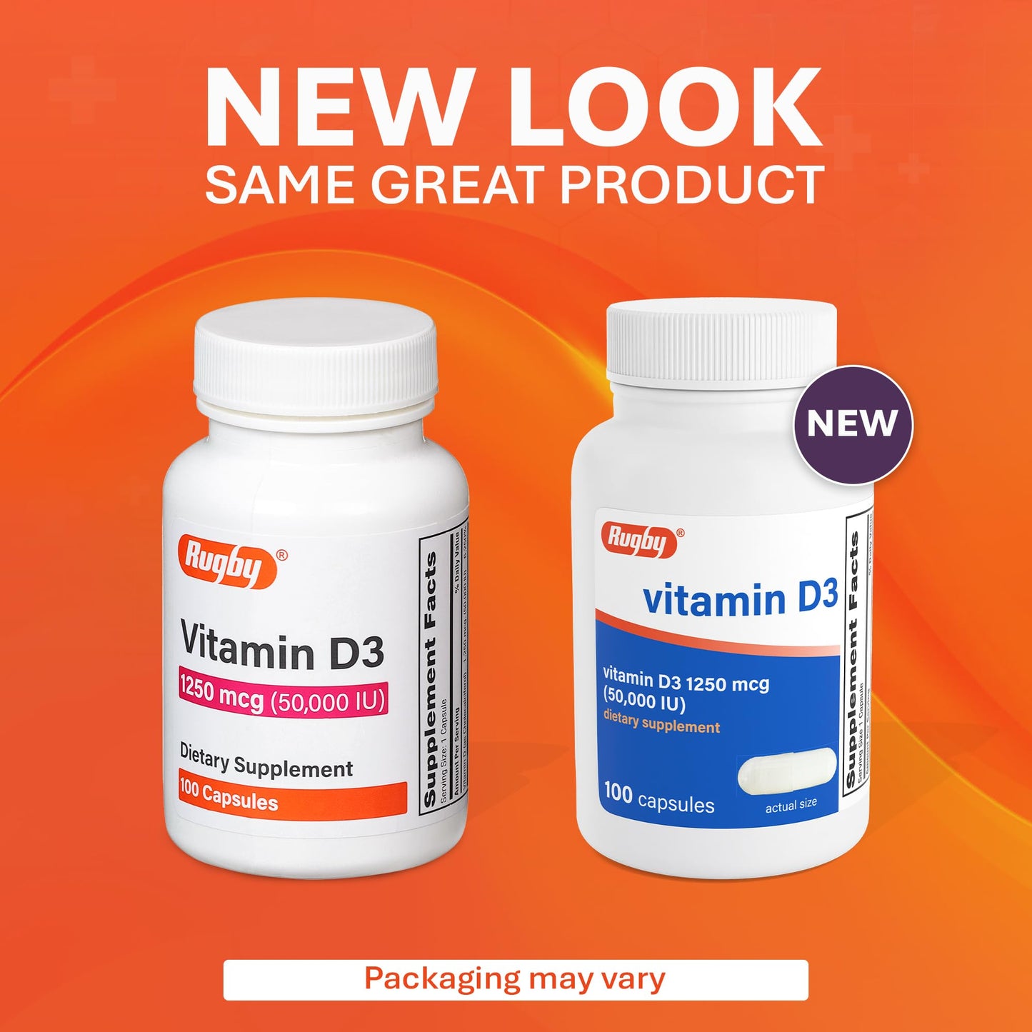 Rugby Laboratories Vitamin D3 50,000 IU (1250 mcg) - High-Potency Vitamin D Supplement for Bone, Teeth, and Immune Health, 100 Capsules