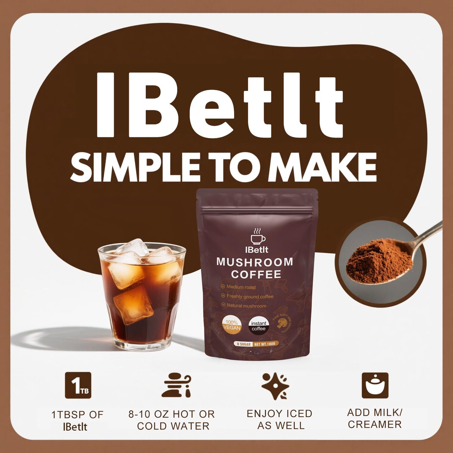 IBetIt Organic Mushroom Coffee with 6 Adaptogenic Mushrooms (Cordyceps, Reishi, King Trumpet, Shiitake, Turkey Tail, Lion's Mane) Powder, Enhanced Energy, Focus & Immunity, 6.5 oz
