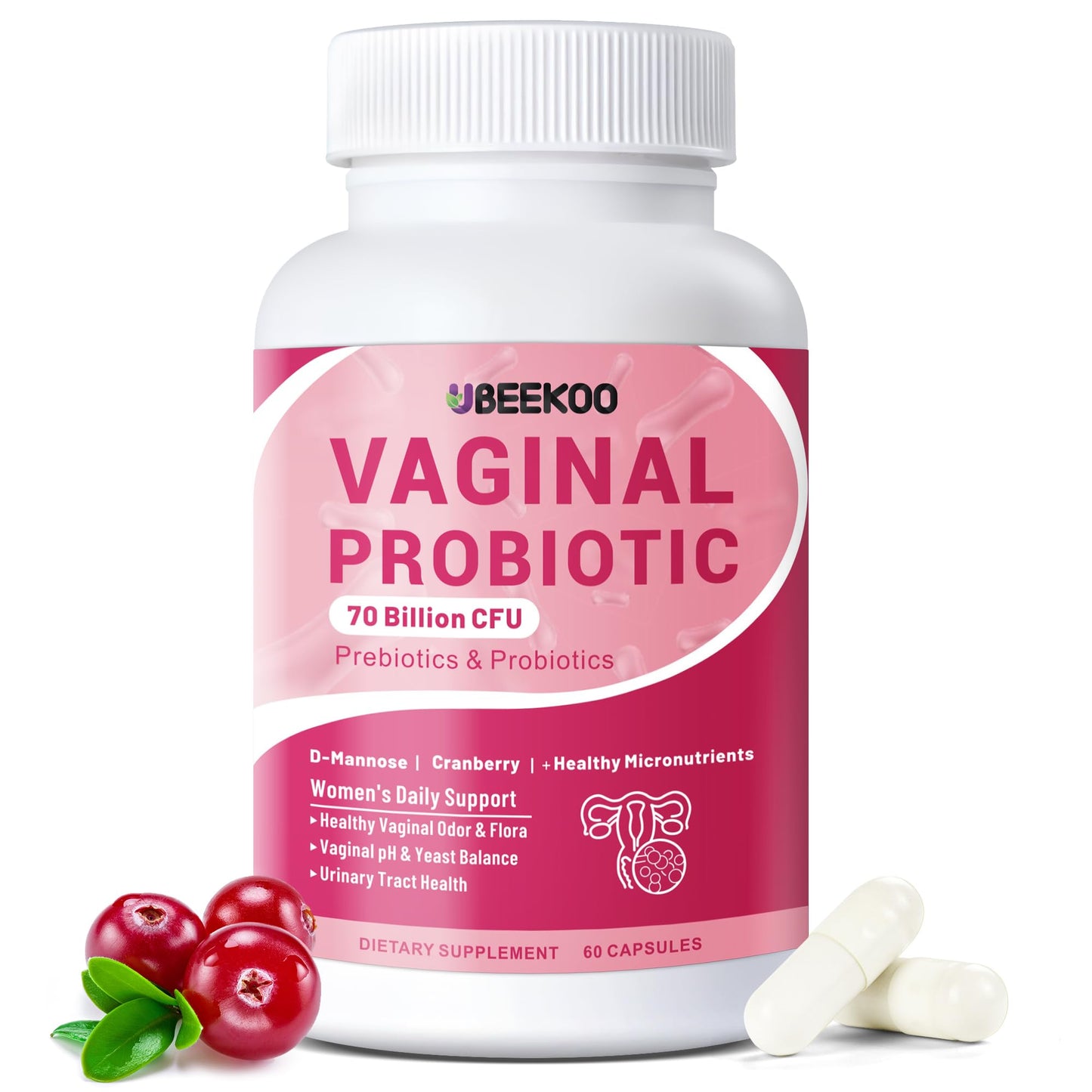 UBEEKOO Vaginal Probiotics for Women 70 Billion CFU with Prebiotics, Organic Cranberry & D-Mannose for Vaginal Odor & Flora, pH Balance & Urinary Tract Support, 60 Capsules