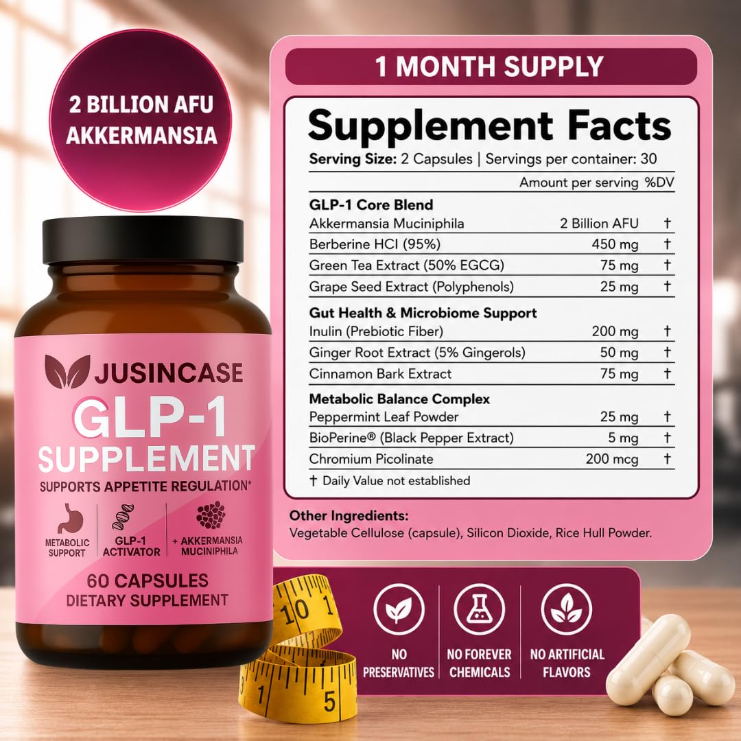JUSINCASE GLP-1 Supplement for Men & Women with Akkermansia Probiotic & Prebiotic Fiber 60 Capsules