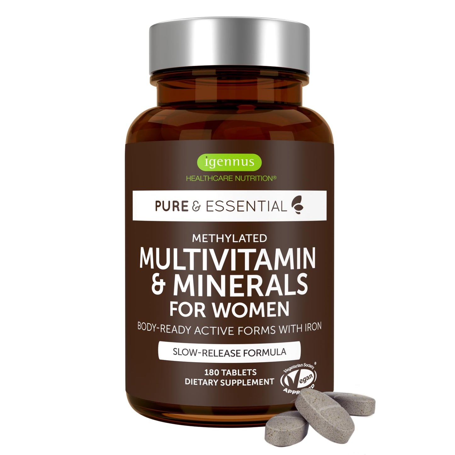 Igennus Healthcare Nutrition High Potency Methylated Multivitamin for Women with Gentle Iron, 5-MTHF Folate & Methylcobalamin B12, Non-GMO, 180 Vegan Tablets