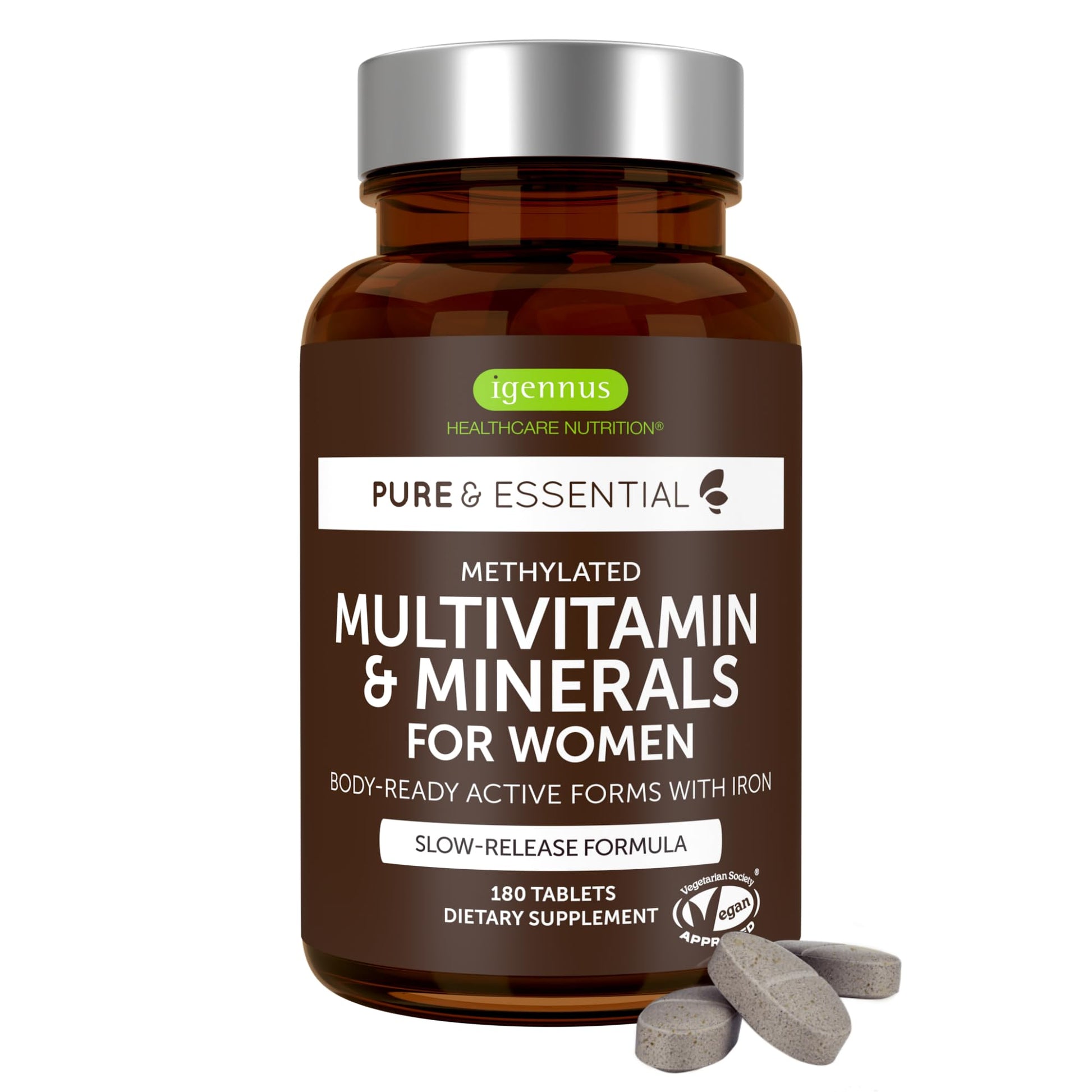 Igennus Healthcare Nutrition High Potency Methylated Multivitamin for Women with Gentle Iron, 5-MTHF Folate & Methylcobalamin B12, Non-GMO, 180 Vegan Tablets