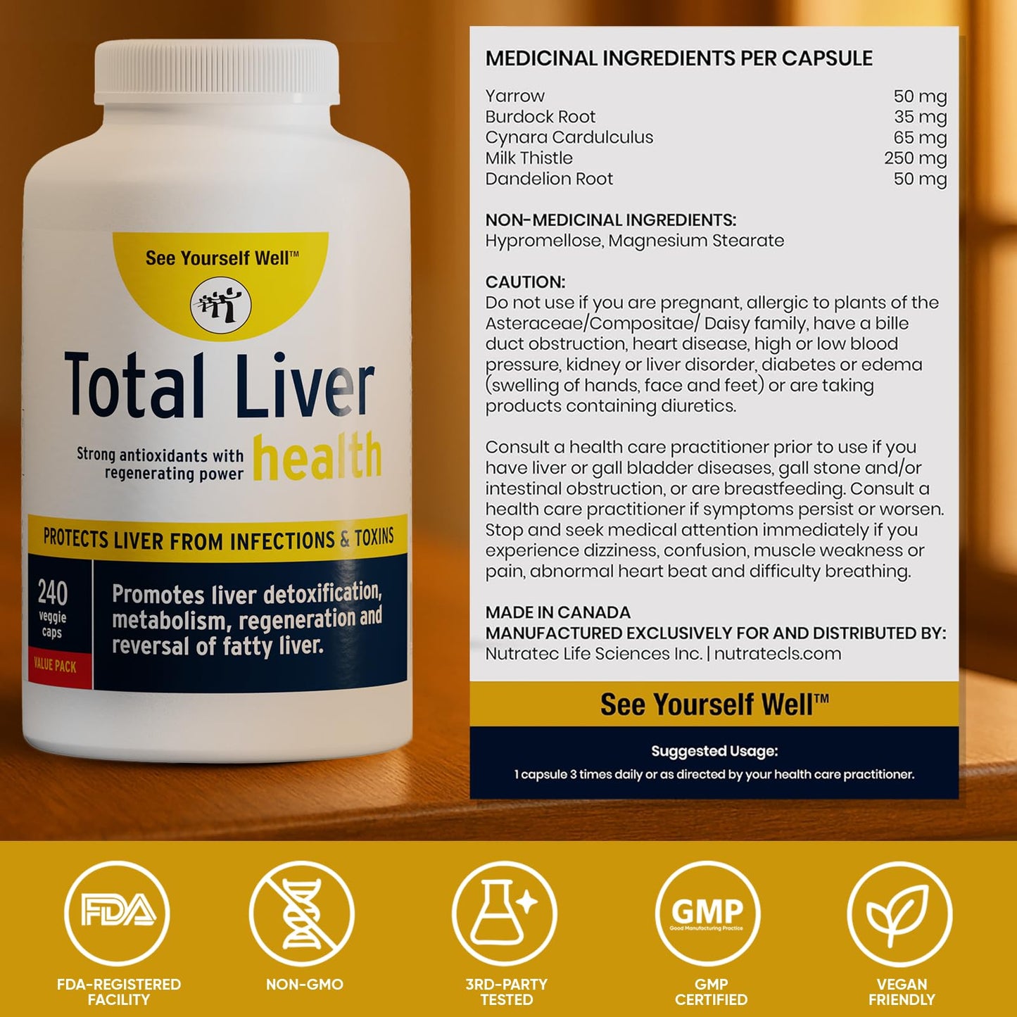 See Yourself Well Total Liver Health Supplement with Milk Thistle, Dandelion Root, Yarrow, Burdock Root, and Artichoke, 240 Vegan Capsules