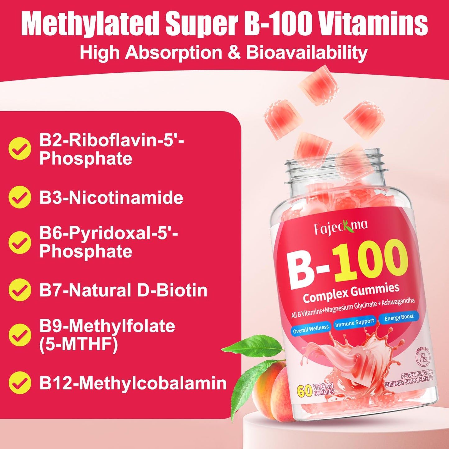 Fajeckma Vitamin B-100 Complex Gummies, 120 Count