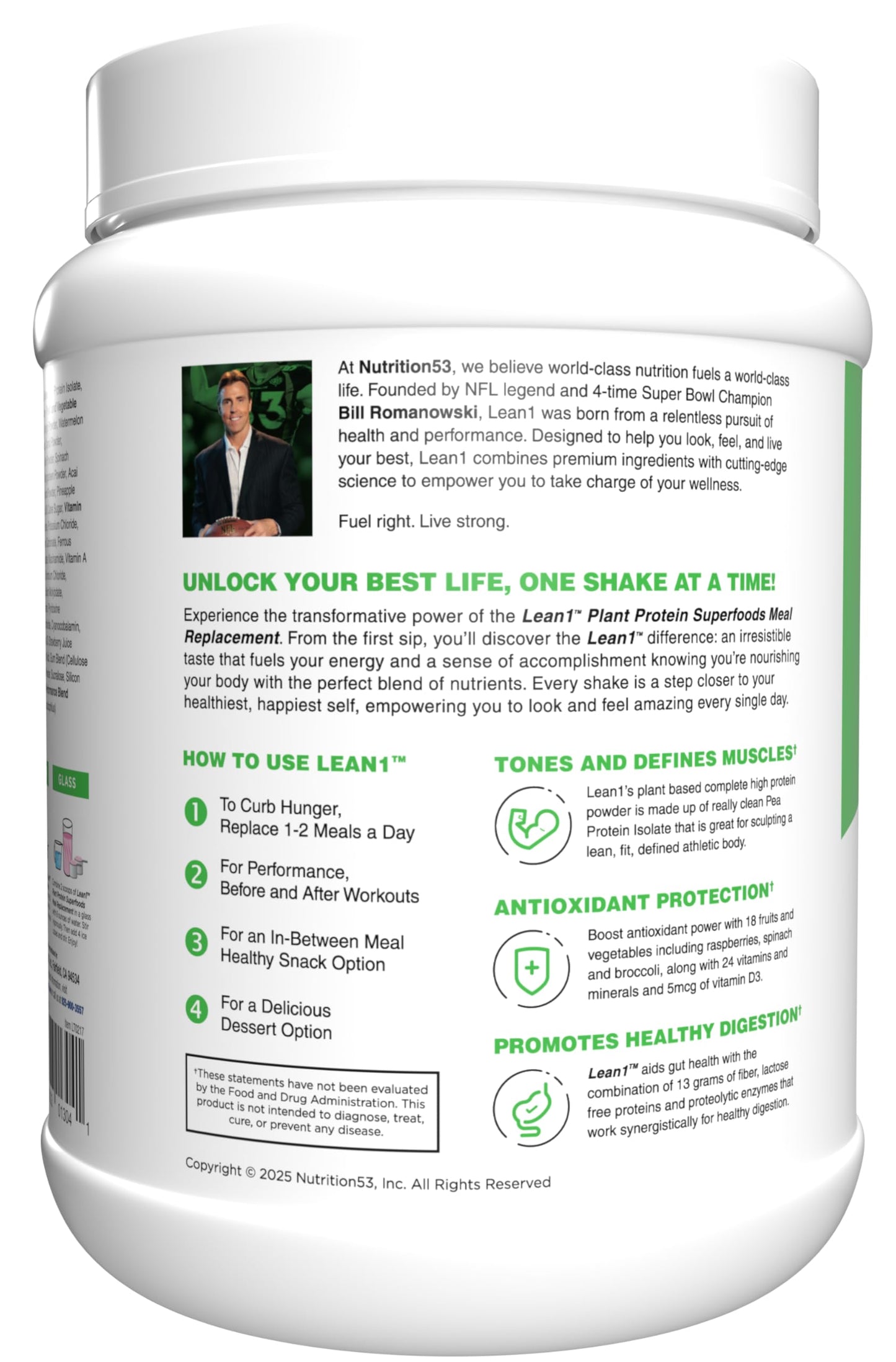 LEAN1 Plant Based Protein Powder Meal Replacement Strawberry Flavor, 27 Servings