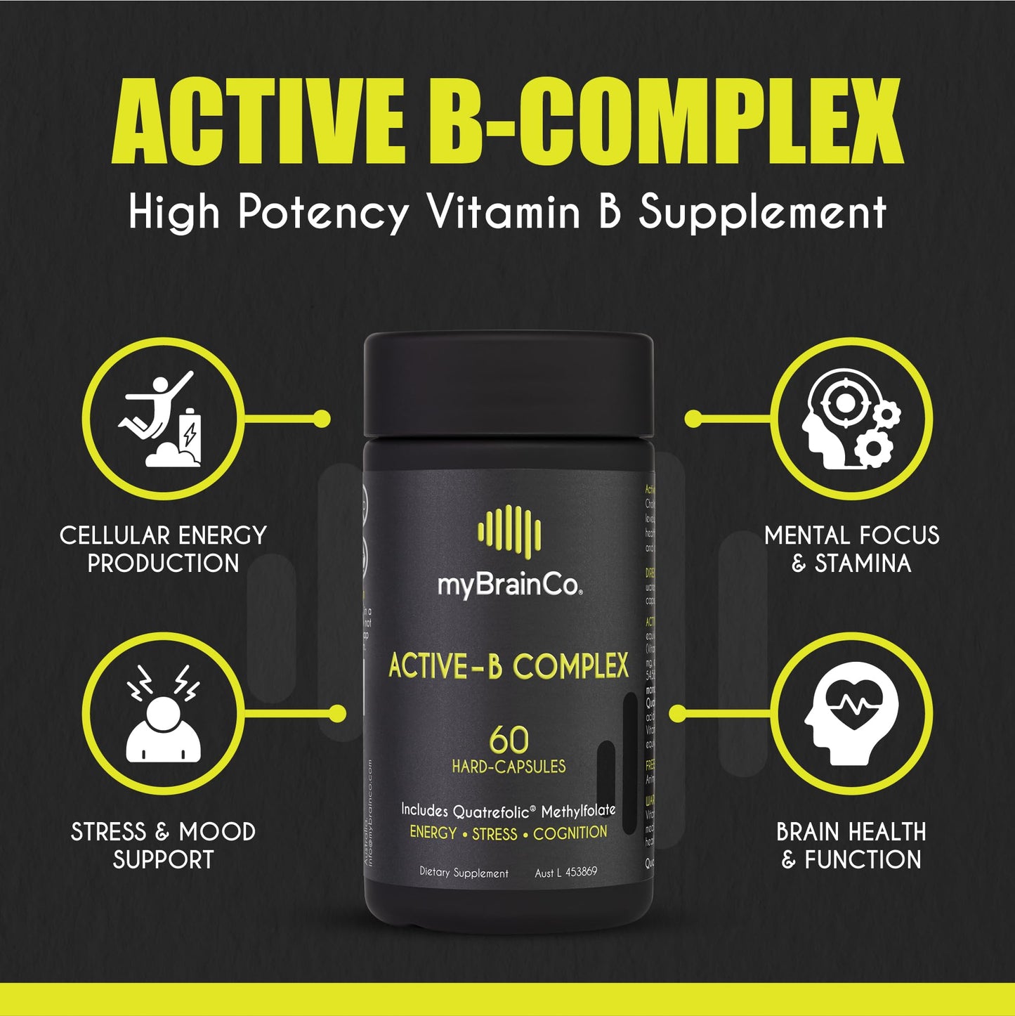 myBrainCo Active-B Complex – High Strength Activated B Vitamin Supplement with B2, B6, B12 & Methyl Folate – Supports Energy, Brain Function & Nervous System Capsules, 60 Count