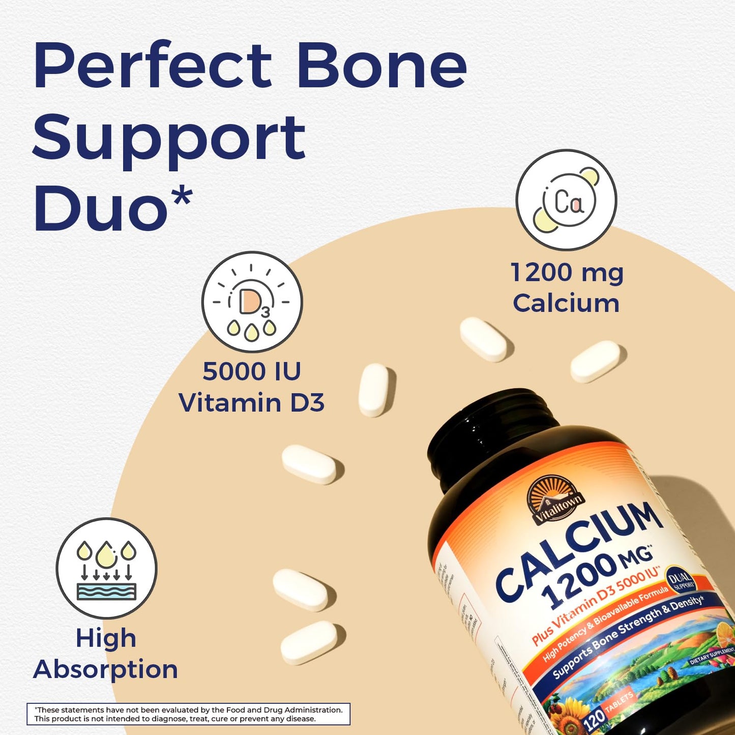 Vitalitown Calcium 1200 mg with Vitamin D3 5000 IU Tablets, 120 Count