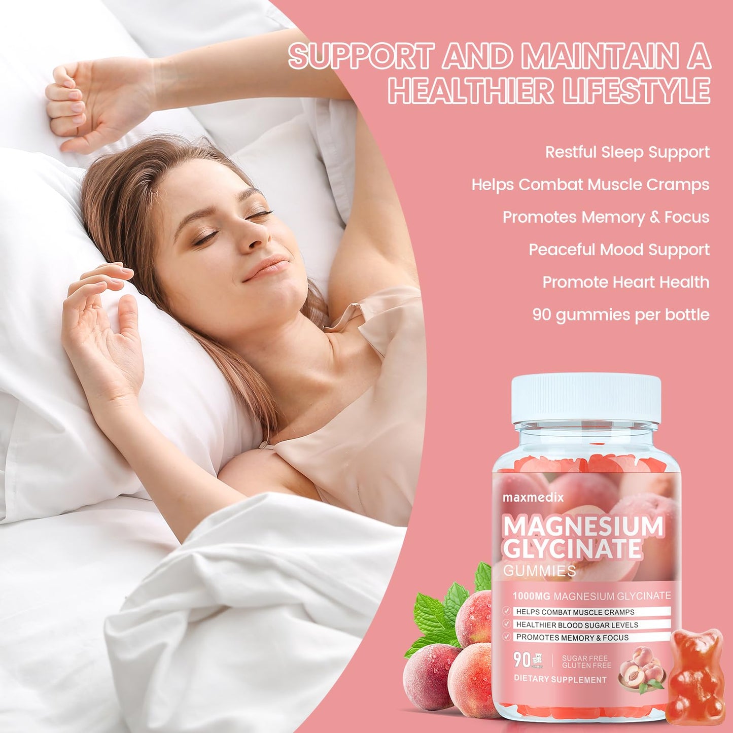 Maxmedix Magnesium Glycinate Gummies 1000mg, Sugar Free Magnesium Potassium Supplements Chewable with L-Threonate for Sleep, Body Support and Relaxation, 90 Gummies