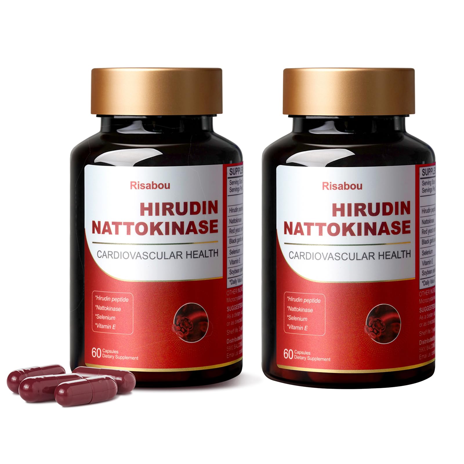 Risabou Hirudin Peptide 300mg, Nattokinase 150mg with Red Yeast Extract, Black Garlic Extract, Selenium, Vitamin E, Soybean Peptide 7 in 1 Formula Capsule, 120 Capsules