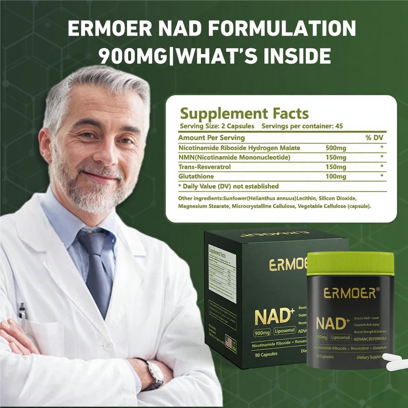 ERMOER NAD Liposomal Nicotinamide Riboside with Resveratrol & Quercetin 900mg Chewable, 90 Count