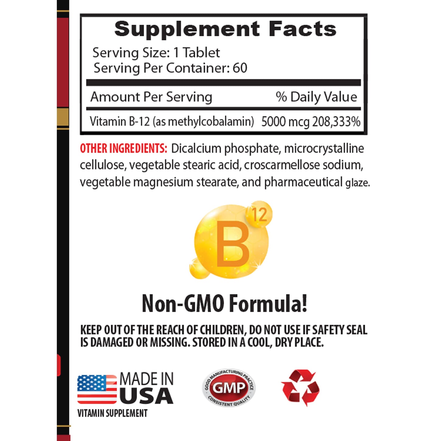 SKIN CARE SOLUTIONS Vitamin B12 Methylcobalamin 5000 mcg Tablets, 180 Count