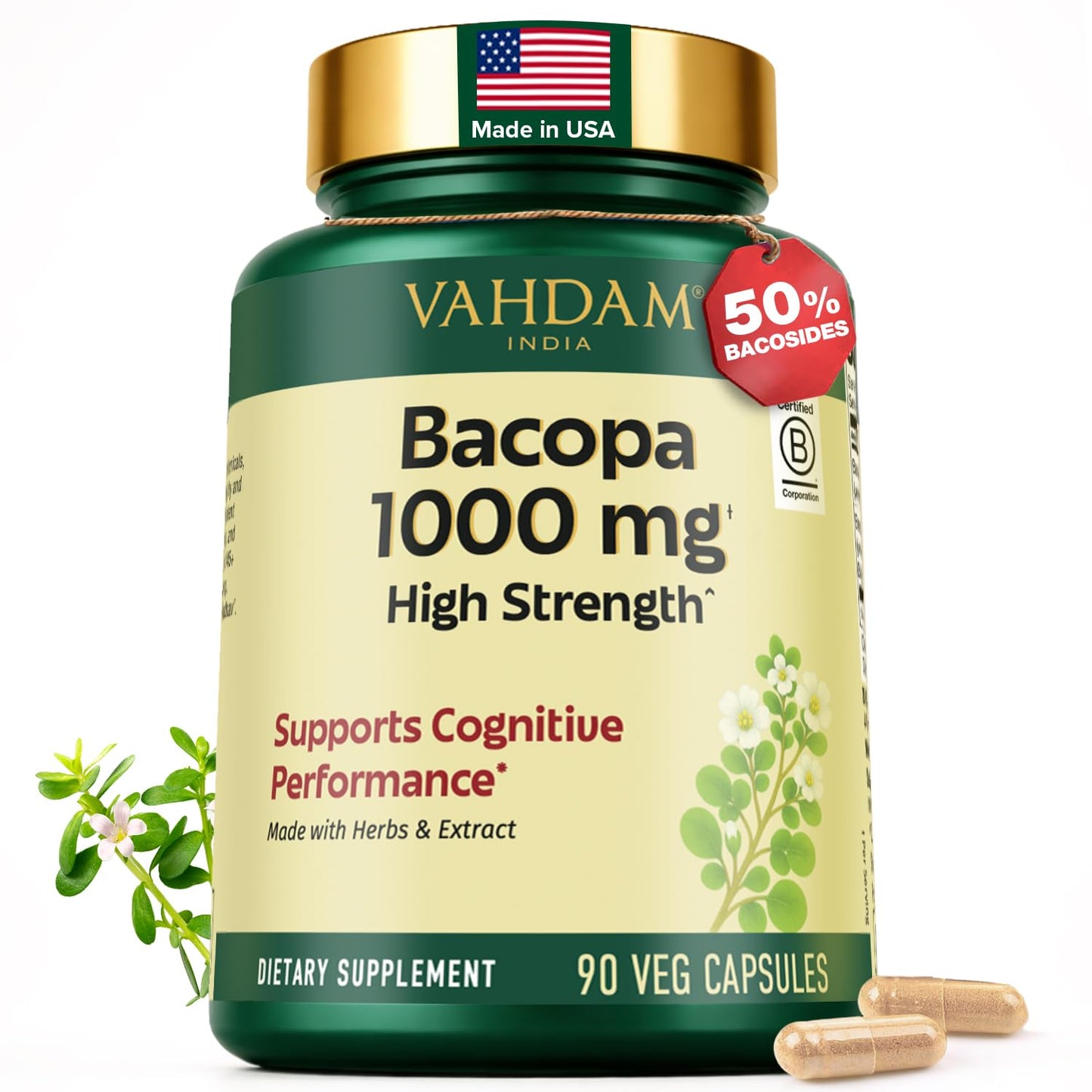 VAHDAM Bacopa Monnieri Capsules 1000mg, 90 Veg Capsules