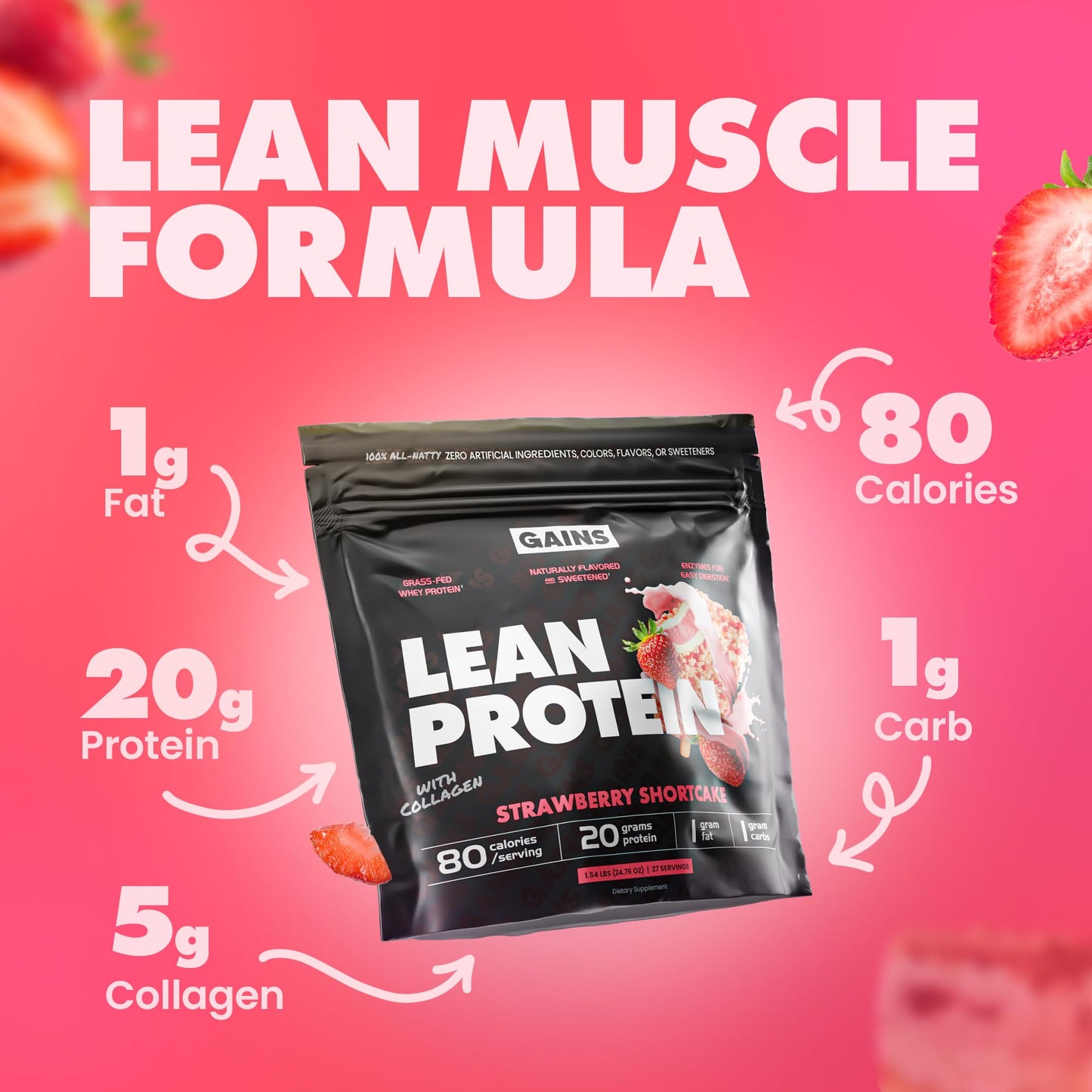 Gains in Bulk Lean Grass-Fed Whey Protein Powder With Collagen Peptides, 27 Servings