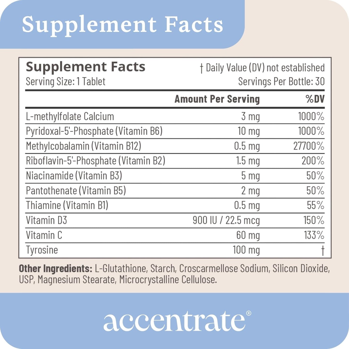 Accentrate Brain Supplement for Focus, Attention, Mood Vitamin B Complex Tablet, 30 Count
