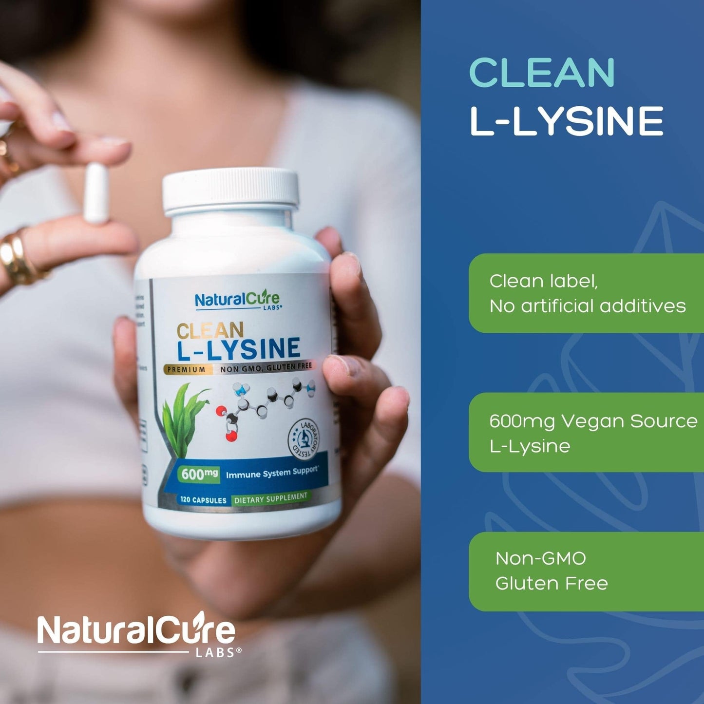 Natural Cure Labs Clean L-Lysine 600mg, 120 Capsules