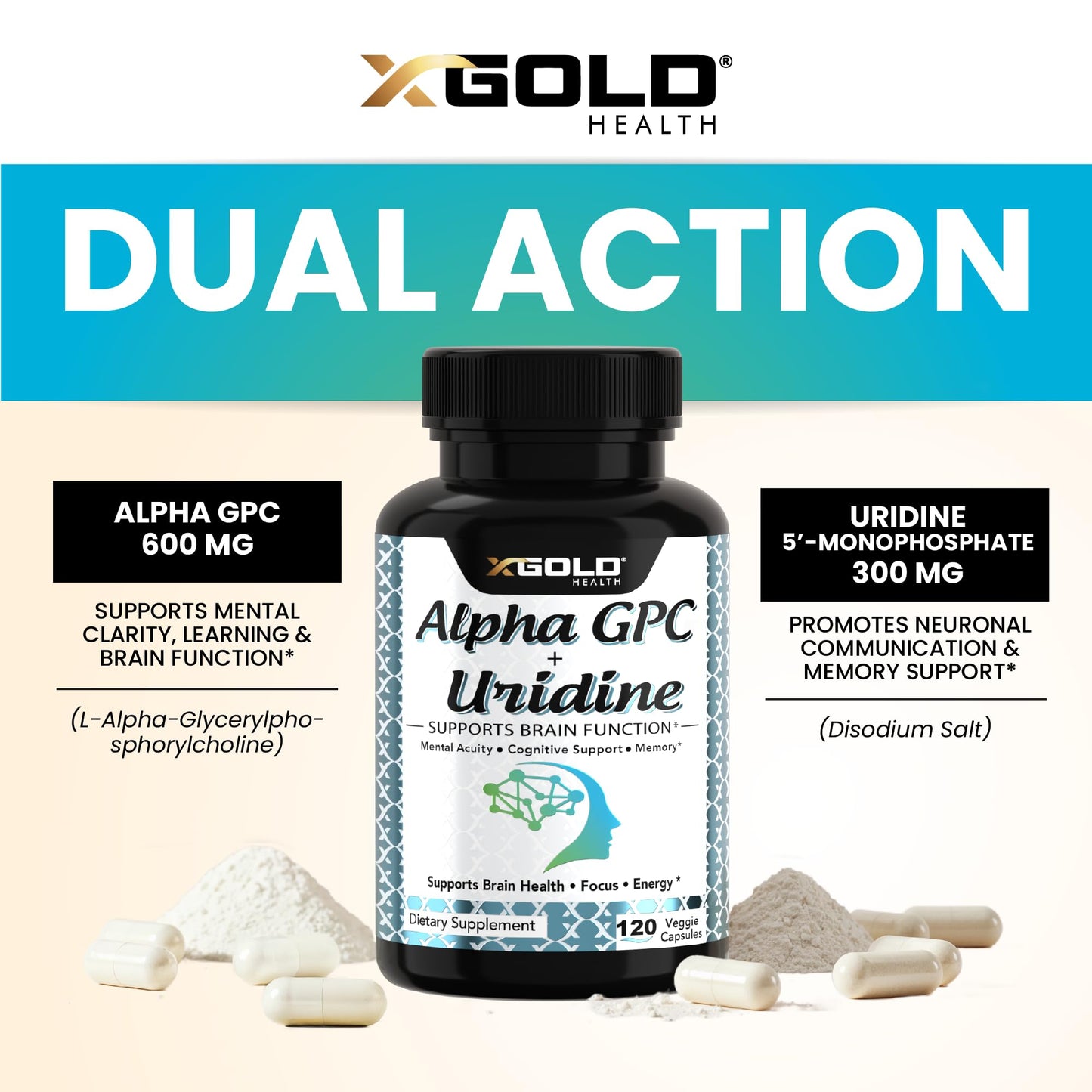 X Gold Health Alpha GPC + Uridine 900mg Powerful Nootropic Capsule, 120 Capsules