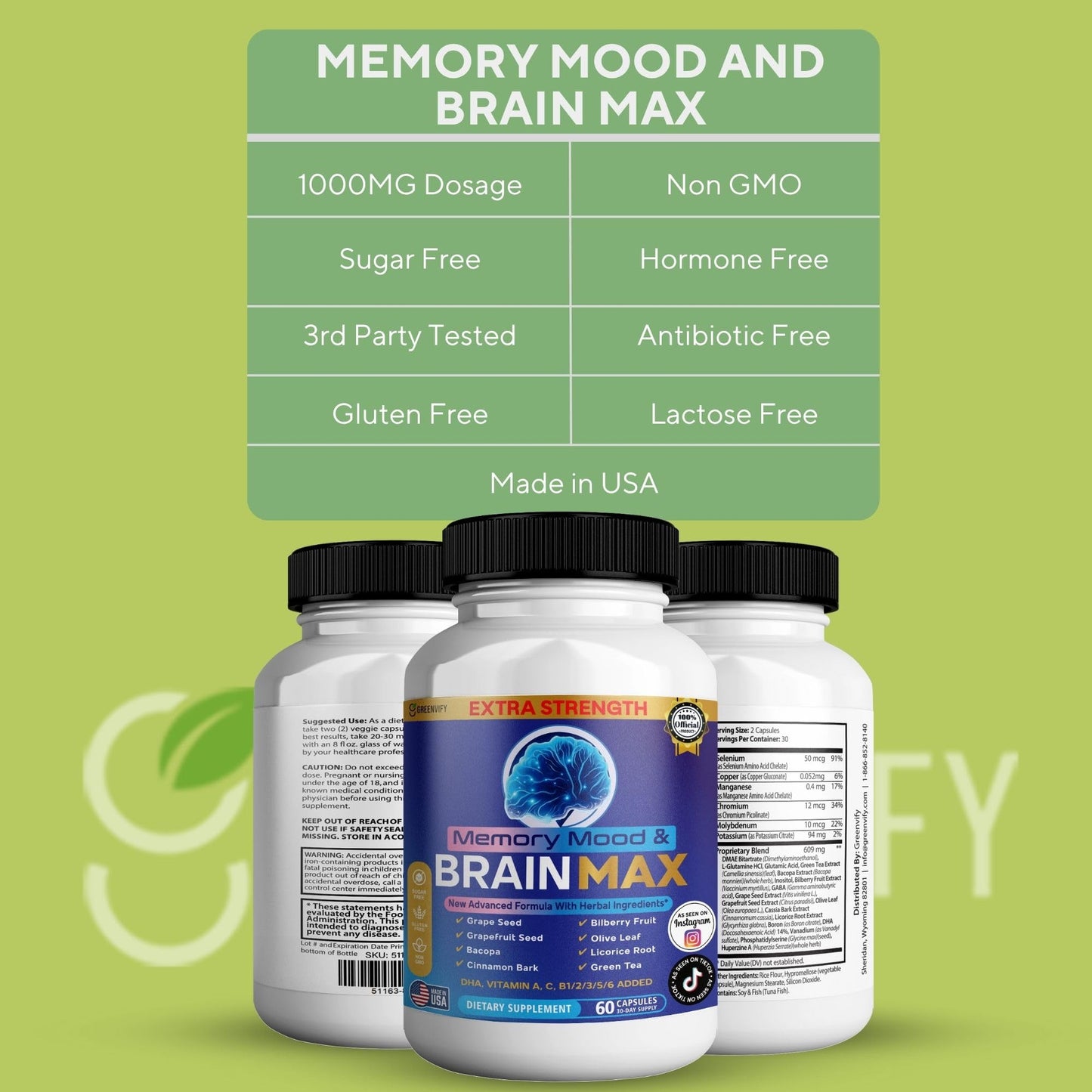 GREENVIFY Memory, Mood & Brain Max Extra Strength Supplement with Herbal Ingredients Capsules, 60