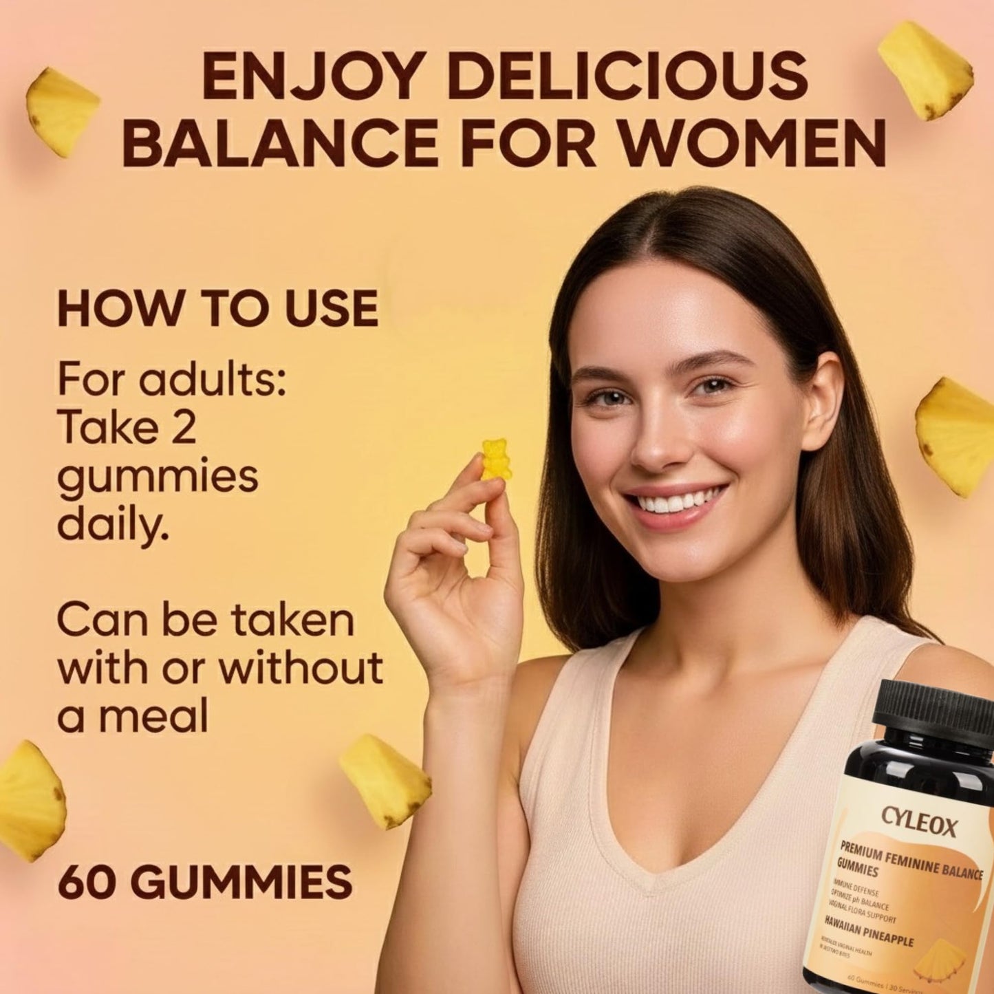 Cyleox Premium Balance Gummies - Pineapple Flavor, Probiotic Blend for Feminine Wellness, Digestive Support & Daily Balance, 60 Gummies