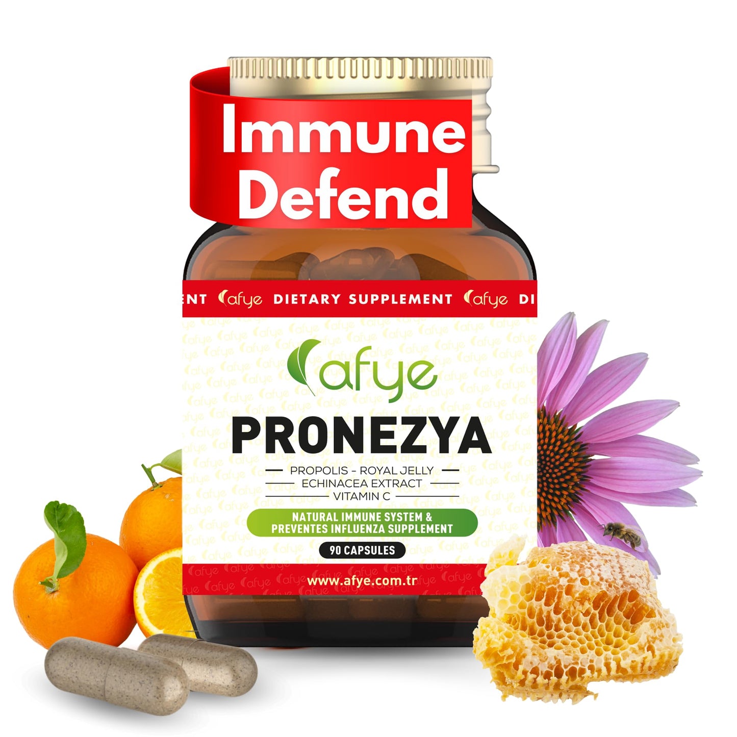 afye Immune System Support Supplement - Natural Blend of Propolis, Royal Jelly, Echinacea & Vitamin C - Plant-Based Capsules, 90 Count