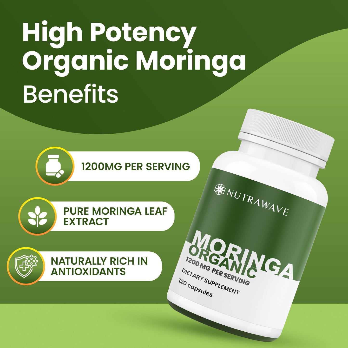 Nutra Wave Organic Moringa Capsules 1200mg – Pure Moringa Oleifera Leaf Supplement Energy, Immune & Lactation Support – Antioxidants & Amino Acids for Women & Men, Non-GMO, Vegan, 120 Capsules