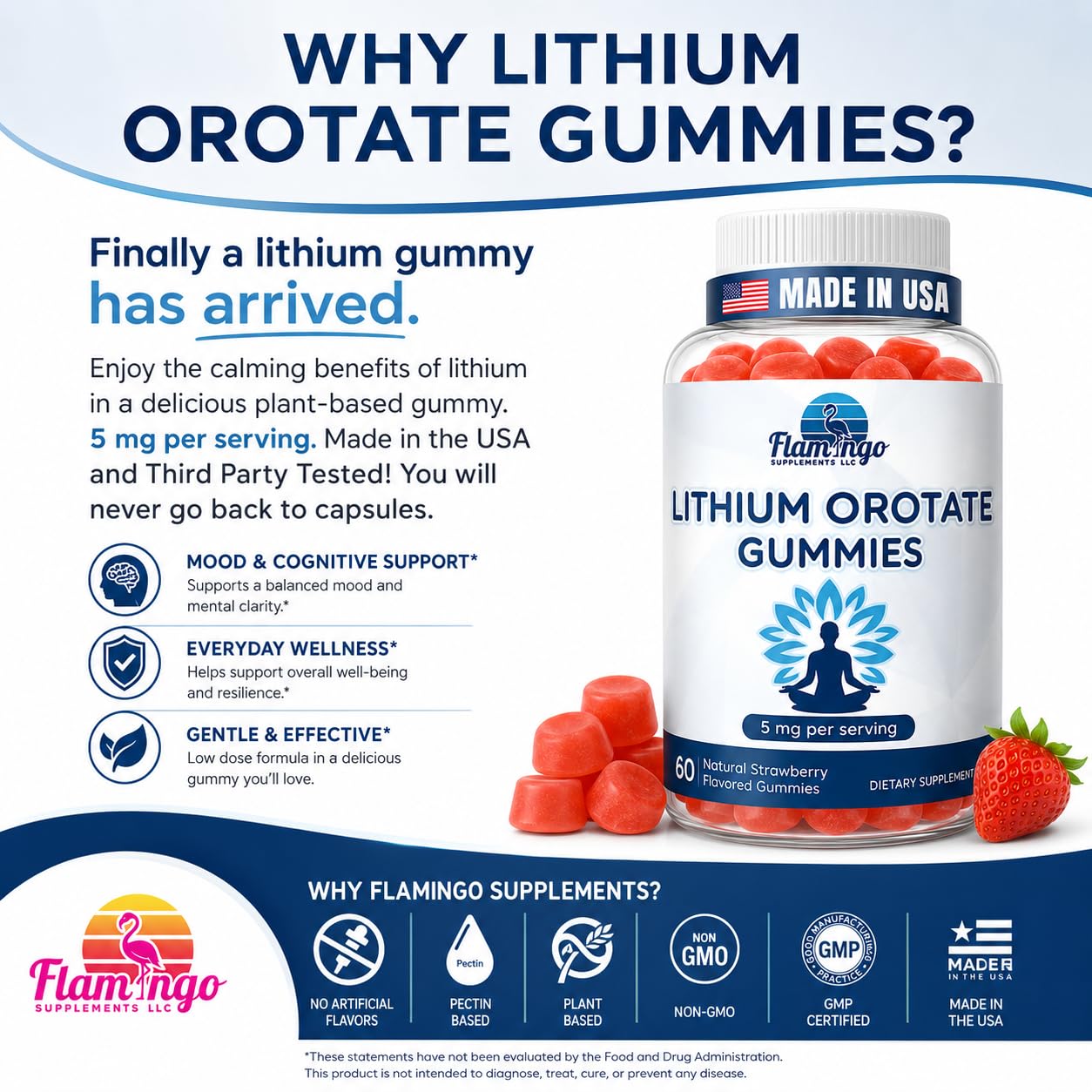 Flamingo Supplements Lithium Ootate Gummies 5mg (Per Serving) – Chewable Lithium Supplement – Gentle Daily Support – Vegan, Non-GMO, 60 Gummies