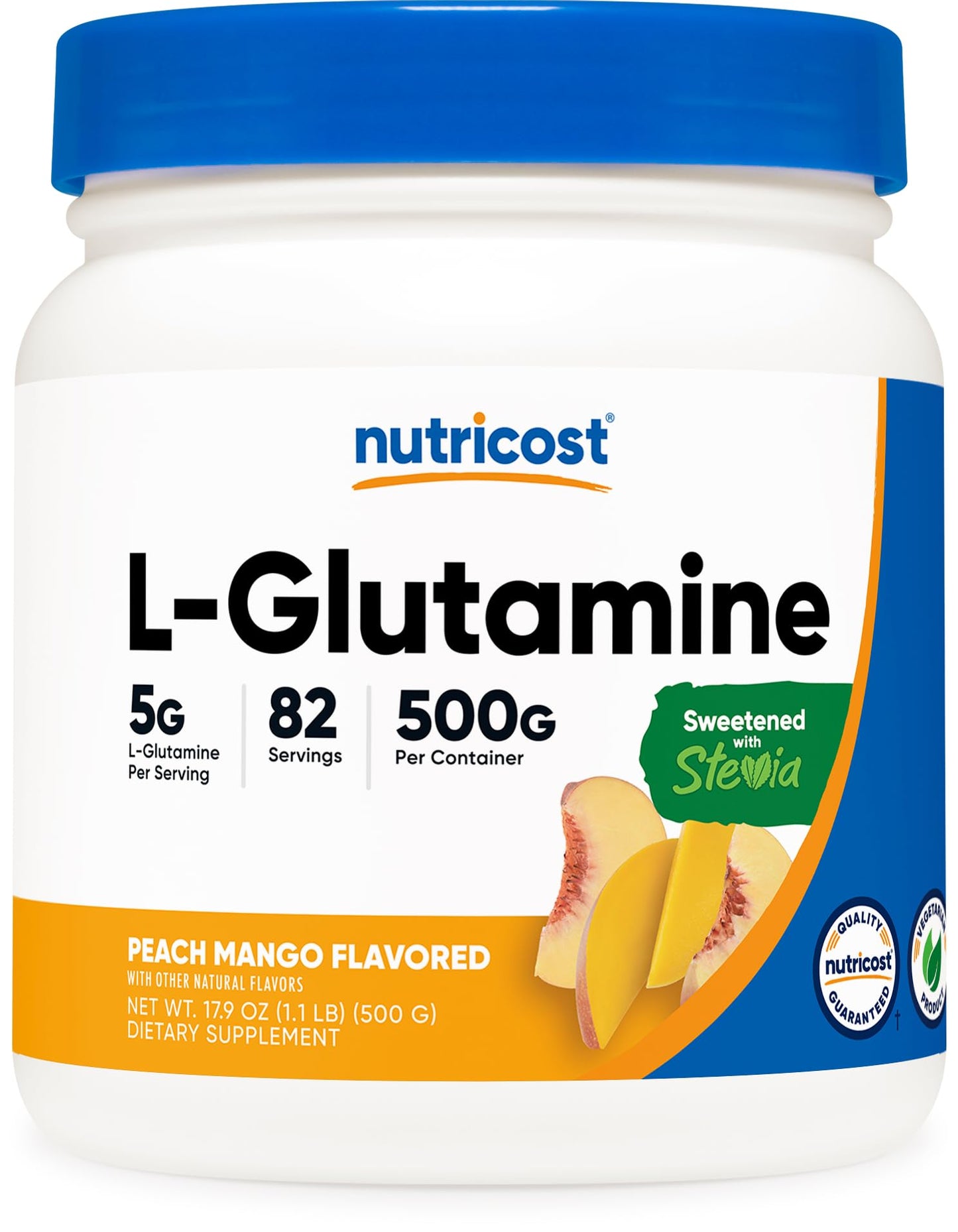 Nutricost L-Glutamine Powder Sweetened with Stevia (Peach Mango) 500 Grams 17.9 oz
