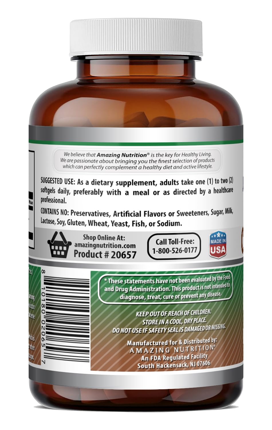 Amazing Nutrition Extra Virgin Coconut Oil Supplement Softgels 180 Count
