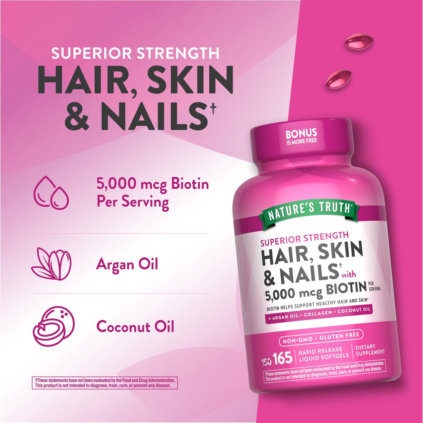 Nature's Truth Hair, Skin & Nails Vitamin Biotin 5000 mcg 165 Softgels