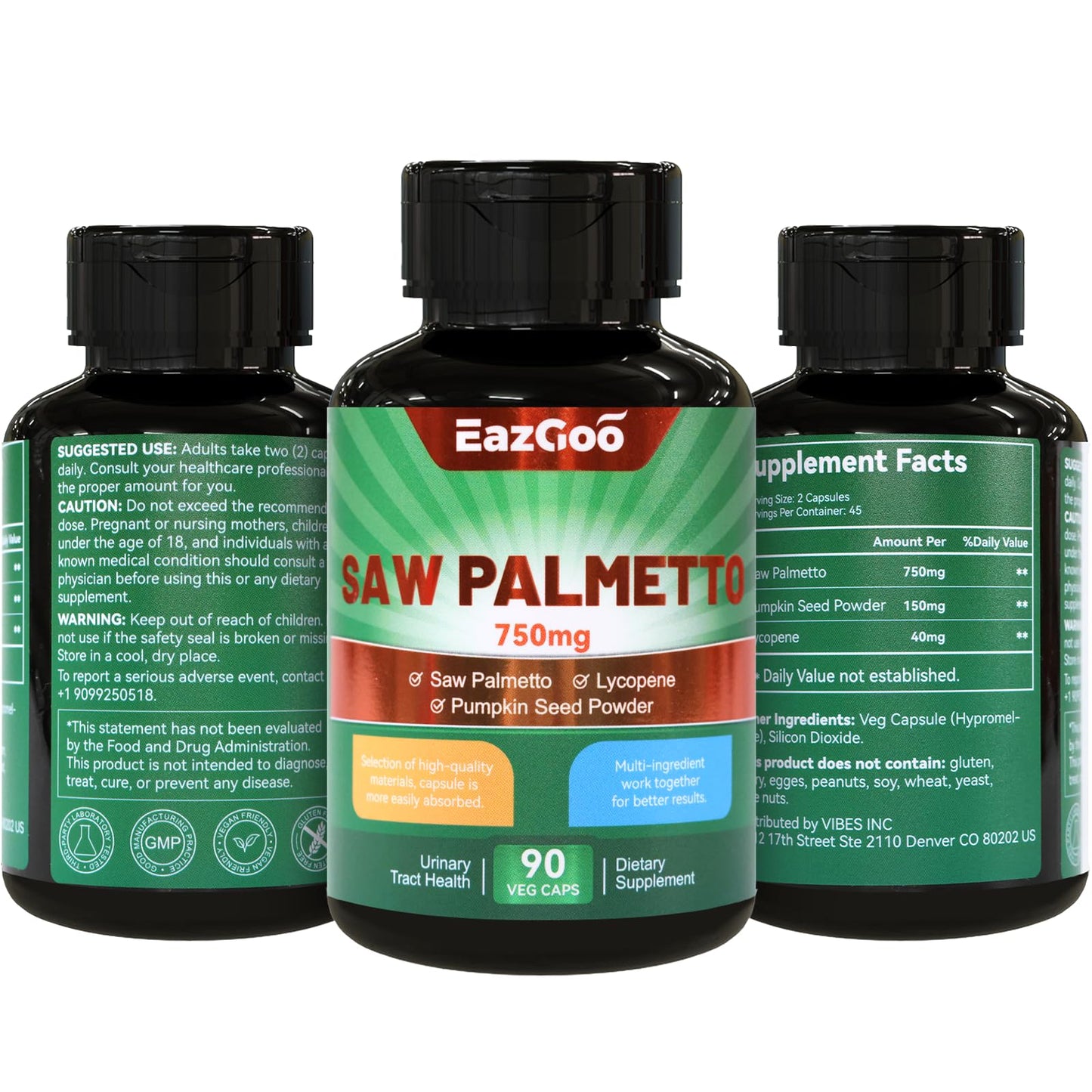 EAZGOO Saw Palmetto Supplement Capsule, Saw Palmetto Extract 750mg, 180 Capsules