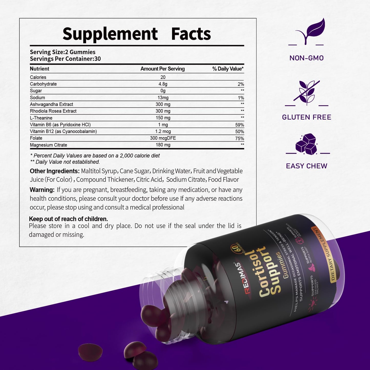 Redimas Cortisol Gummies with Ashwagandha, Magnesium, L-Theanine and Multivitamin, Gummy, 60 Count
