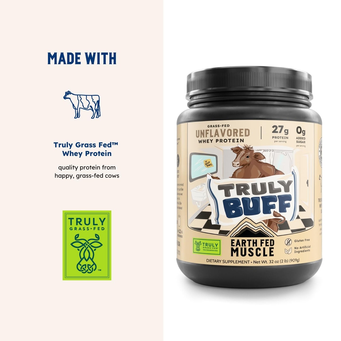 Earth Fed Muscle Truly Buff Unflavored Irish Grass Fed Whey Protein Isolate Powder, 32 oz