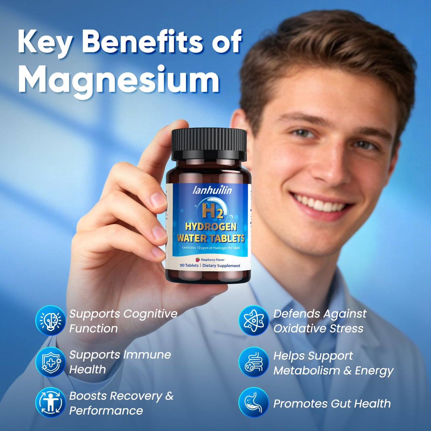 lanhuilin Hydrogen Water with Magnesium 150mg, 10 PPM Molecular Hydrogen for Drinking Water, H2 Hydrogen Water Supplement for Brain Health, Raspberry, 90 Tablets