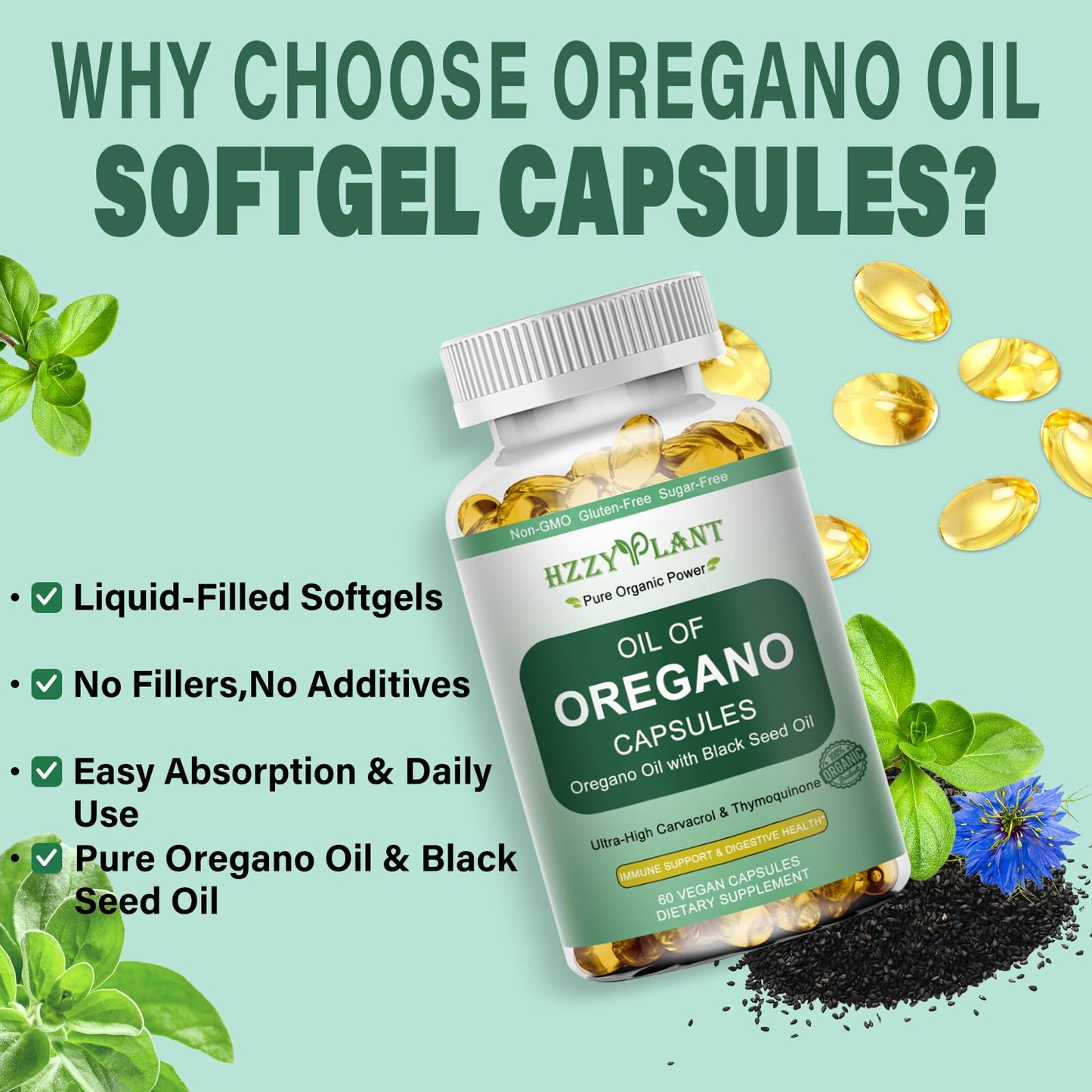 HZZYPLANT Oil of Oregano with Black Seed Oil Softgels, 60 Count