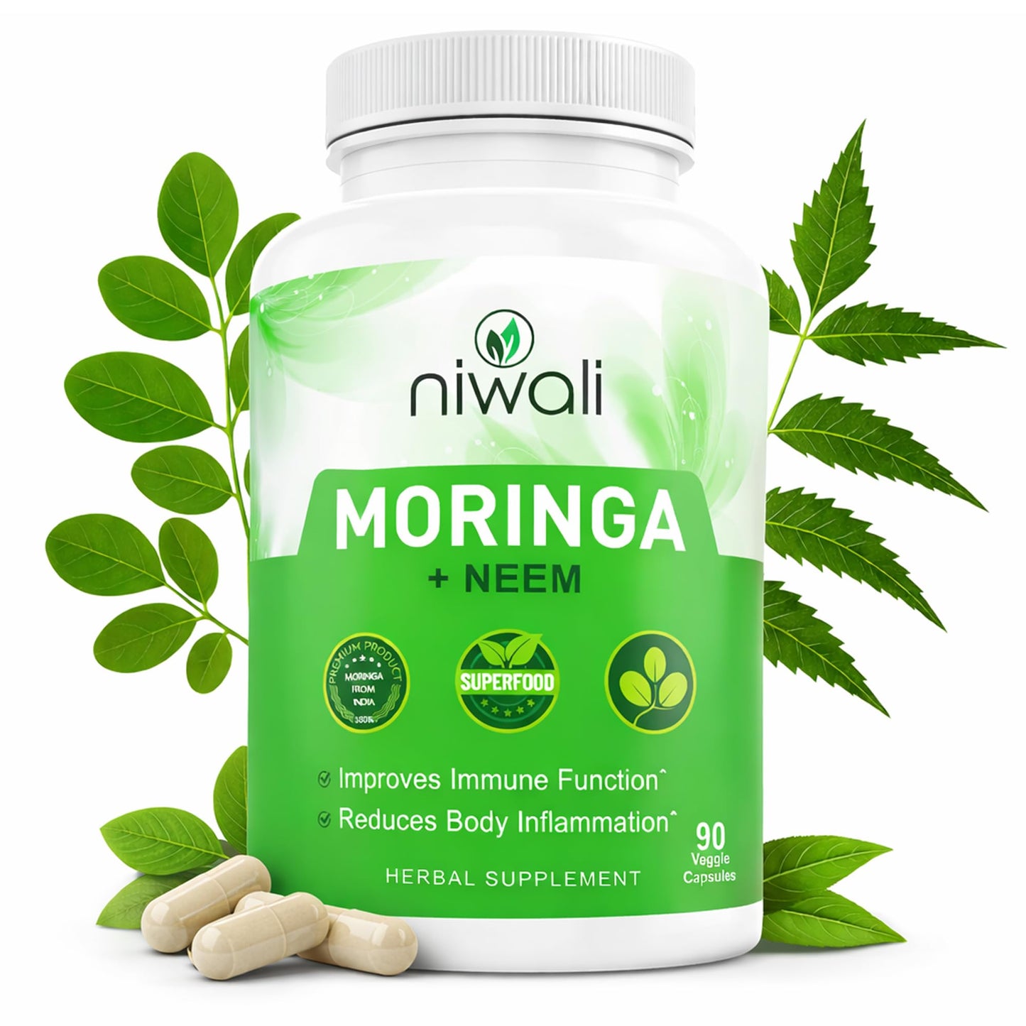 NIWALI Moringa Oleifera + Leaf Nutritional Supplement 90 Capsules