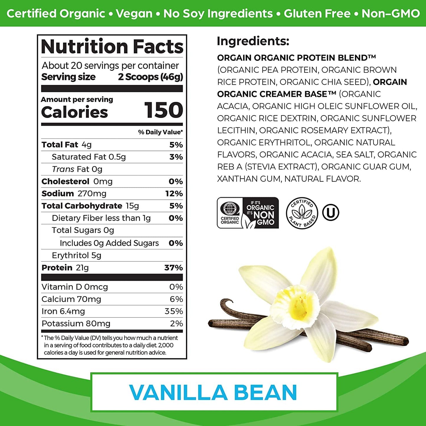 Orgain Organic Protein + Superfoods Powder Creamy Chocolate Fudge & Orgain Organic Vegan Protein Powder Vanilla Bean, 2 Piece Assortment, 65 Servings