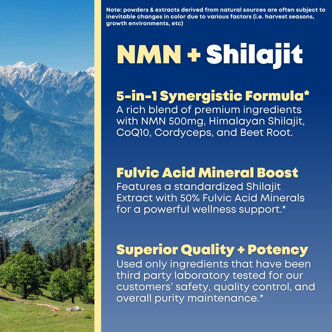 SOLNUVI NMN 500mg & Himalayan Shilajit 50% Fulvic Acid Supplement Capsule, 90 Capsules