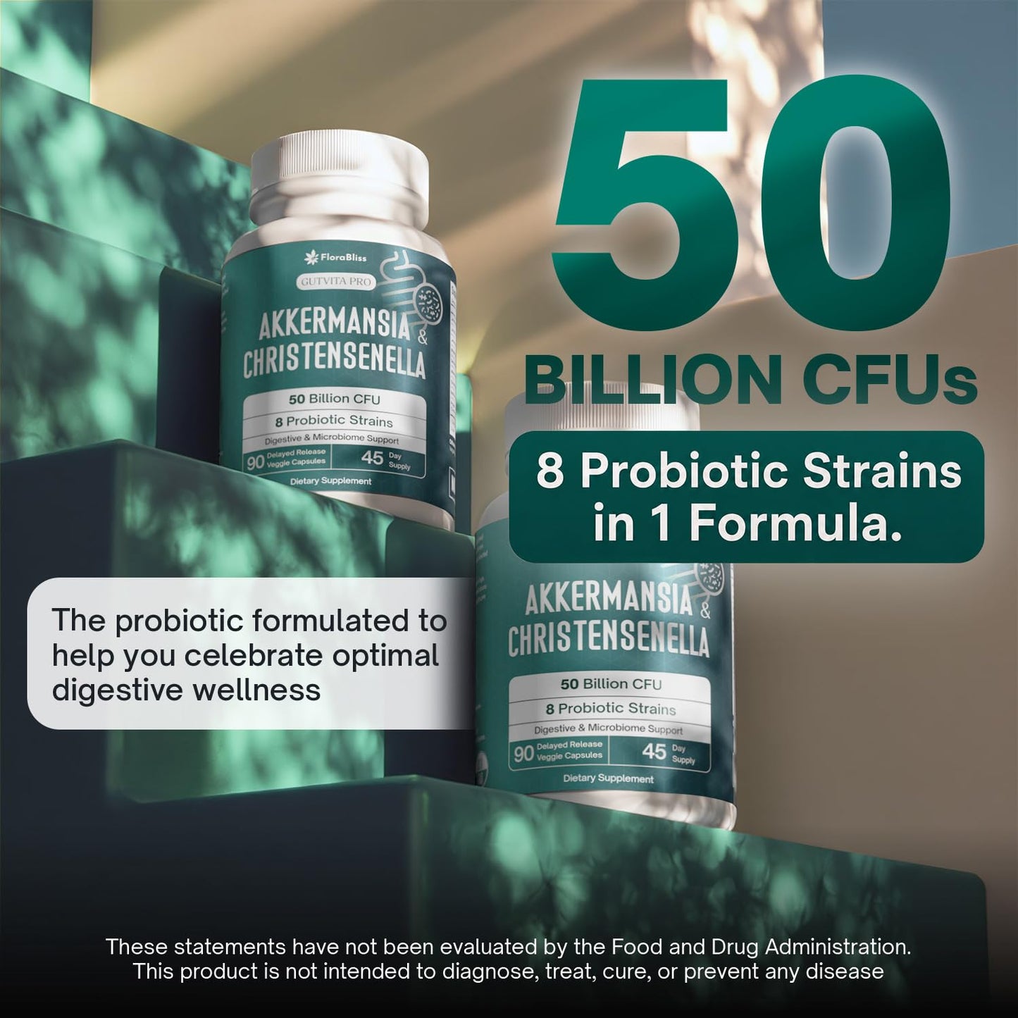 FloraBliss Probiotic with Christensenella & Akkermansia, 8 Strains, 50 Billion CFU, 90 Capsules