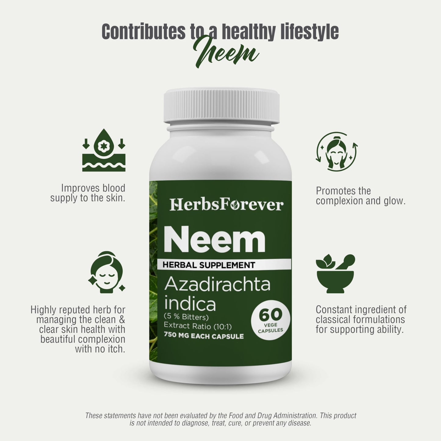 Herbsforever Neem 10:1 Extract (Equiv. to 2450mg Leaves) 750mg per Capsule, 60 Veg Capsules