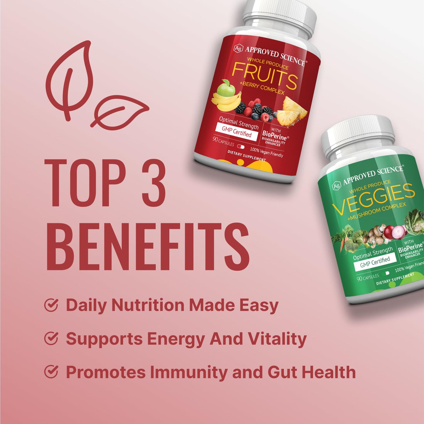 Approved Science Fruits & Veggies - 42 Whole Fruit and Veggie Supplement - Enhanced Health & Vitality - Daily Natural Vitamins, Minerals, Antioxidants, 360 Capsules