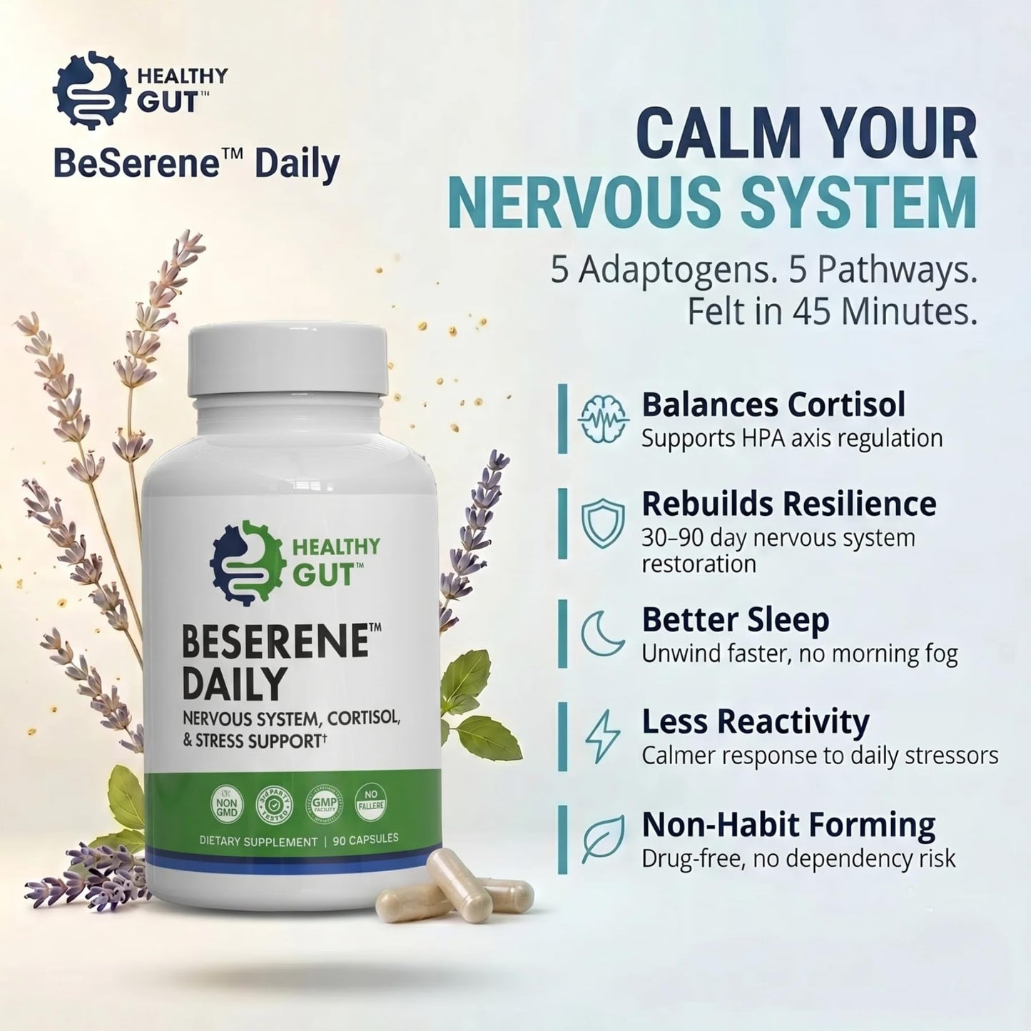 Healthy Gut BeSerene Daily Cortisol & Stress Support Capsules 90 Count