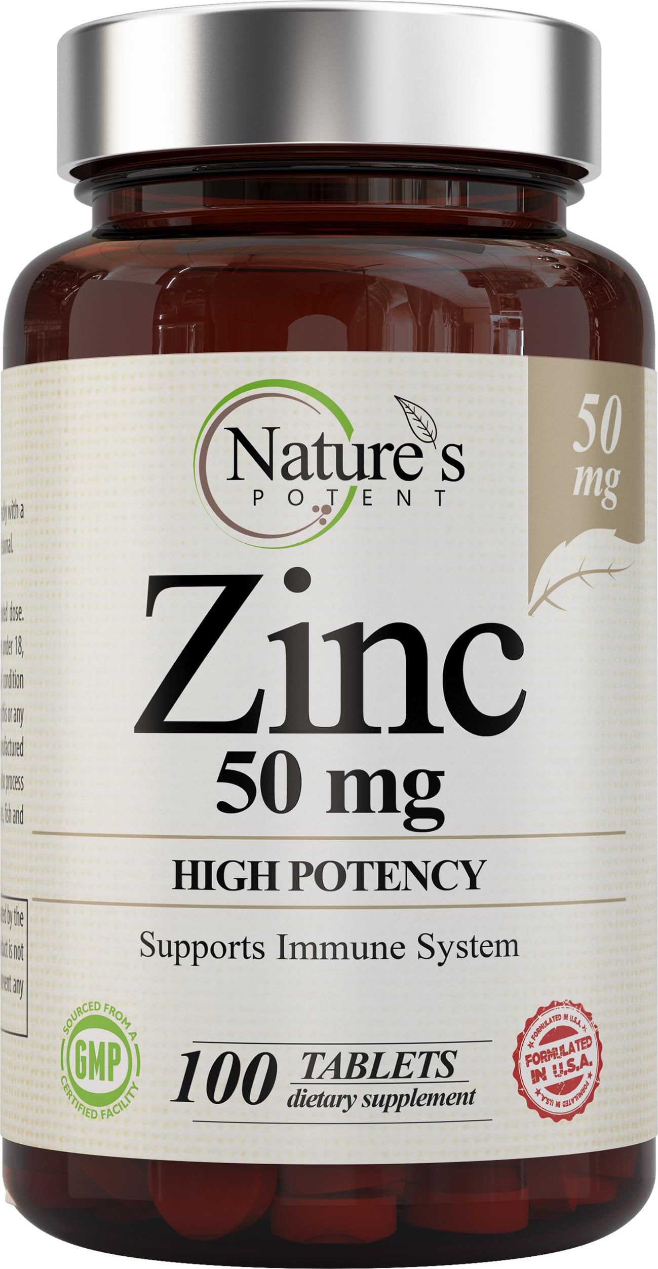 Nature's Potent Zinc 50mg High Potency Supplement, 100 Tablets