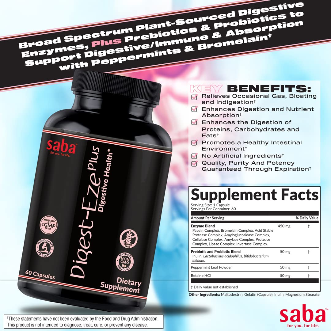 Saba Digestive-EZE Plus Broad Spectrum Plant-Sourced Enzymes, Prebiotics & Probiotics - Support Digestive & Gut Functions, Immunity & Absorption with Betaine, Bromelain, 60 Capsules