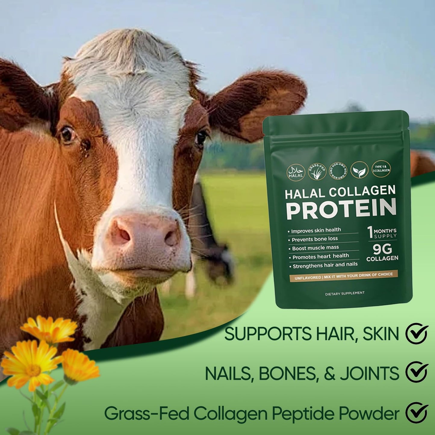 Vlsdoin Halal Collagen Protein Powder, Grass-Fed Collagen Peptides, Type I&III, 100% Hydrolyzed for Hair, Skin, Nails, Gut, Bone & Joint Health, Sugar Free, Unflavoured, 10.58 oz
