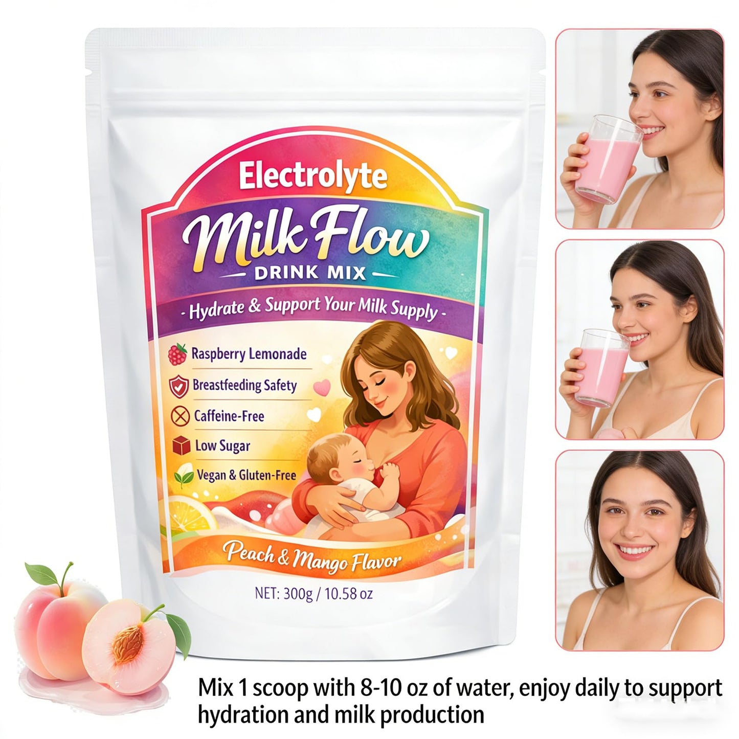 Roreiye Electrolyte Milk Powder Raspberry Peach Flavor for Breastfeeding Moms, 10.58 oz