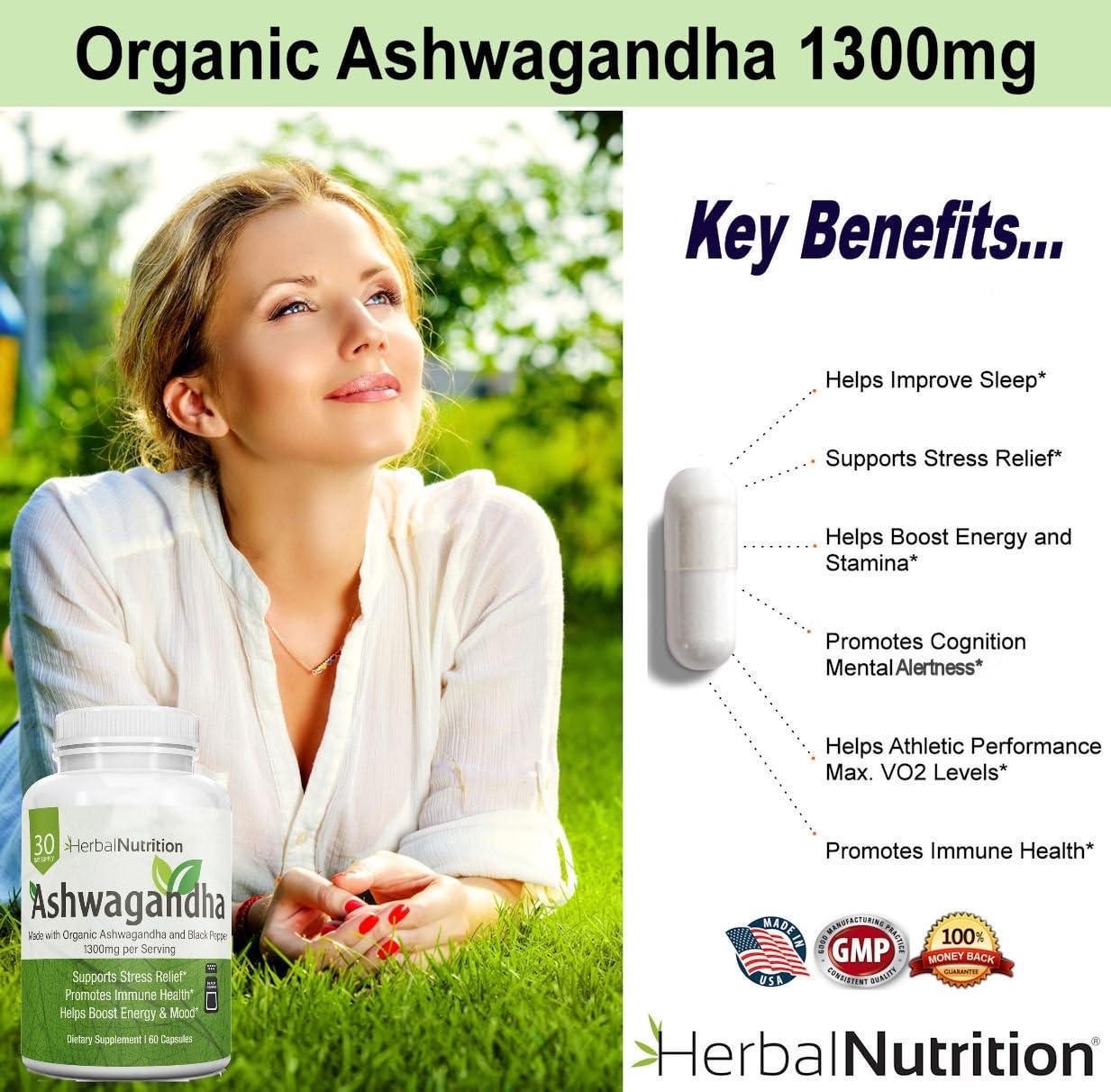 Herbal Nutrition Ashwagandha 1300mg Stress & Mood Support Supplement, 120 Capsules